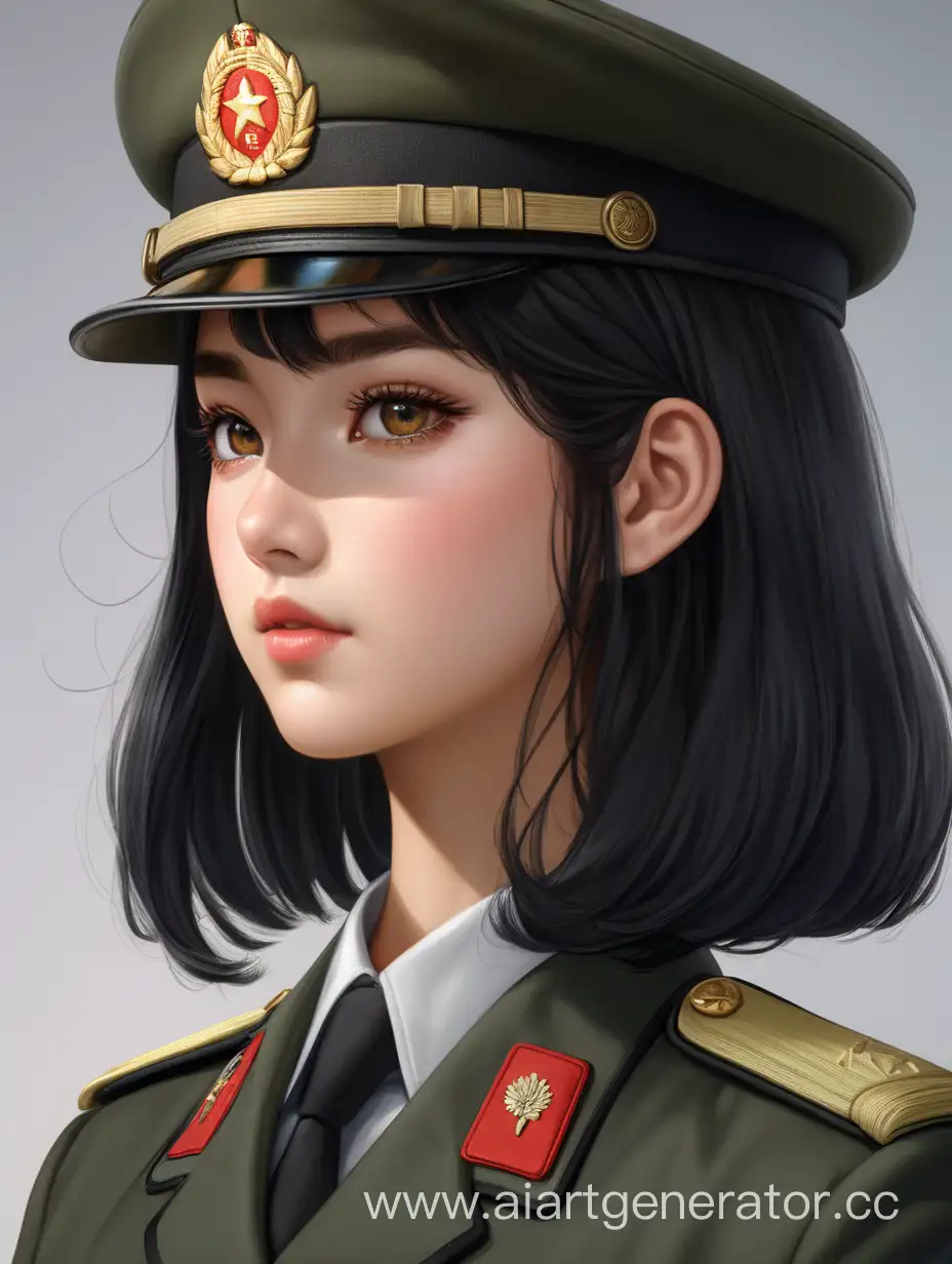 People's Liberation army's Officer, beautiful, Perfect female, black hair, olive uniform, sharp focus, 8k high definition, insanely detailed, elegant