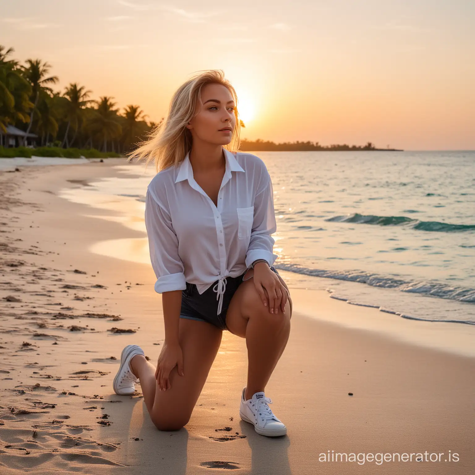 Blonde-Curvy-Girl-in-Doggy-Pose-at-Sunset-Maldives-Beach