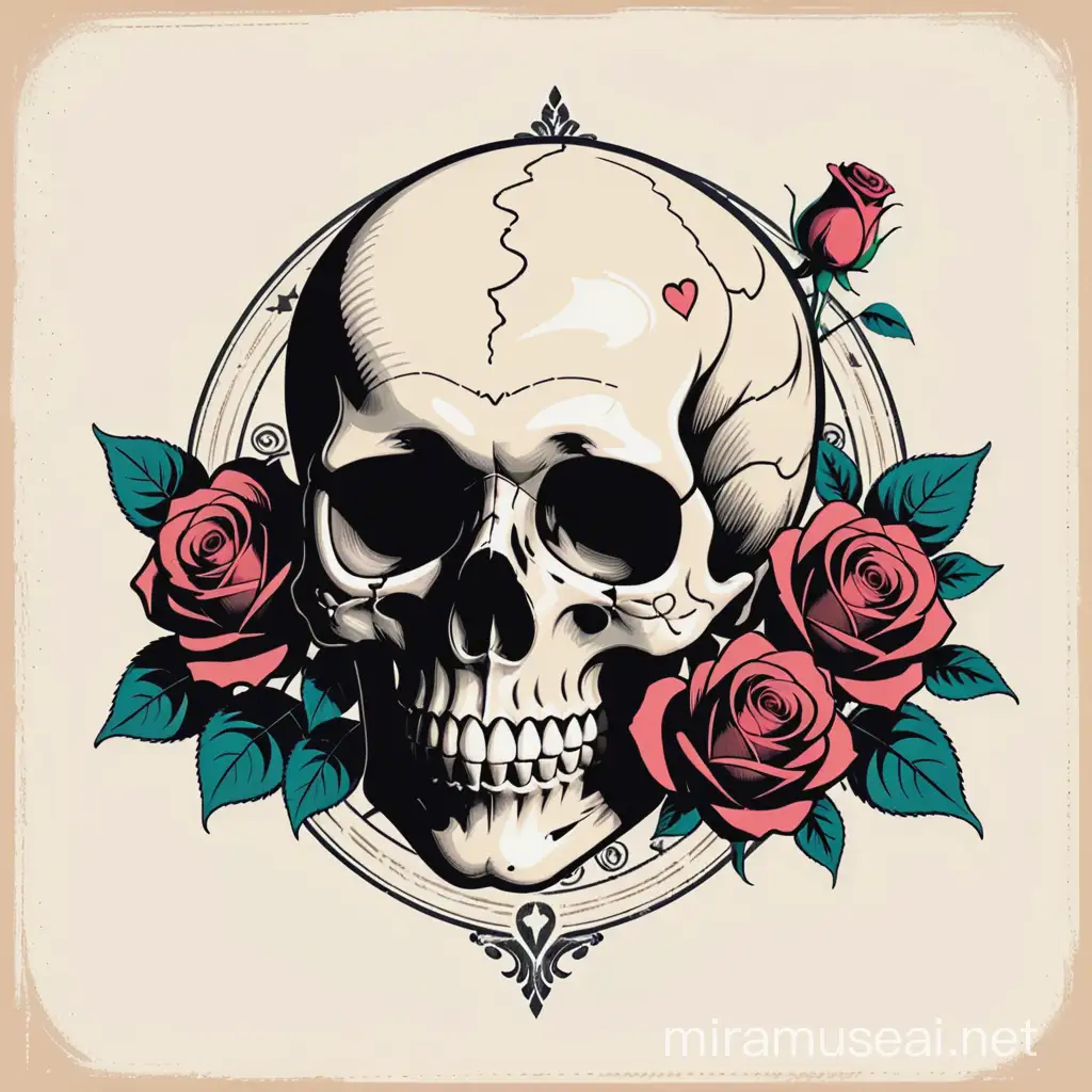 Vintage poster design, stencils, simple, minimalism, vector art,, Sketch drawing, flat, 2d, vintage style ,skull with roses around it, out of proportion
