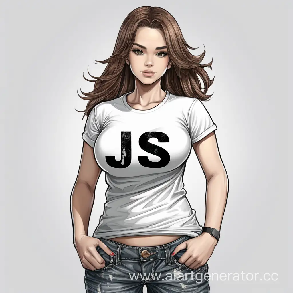 Девушка с большой грудью и с надписью на футболке js