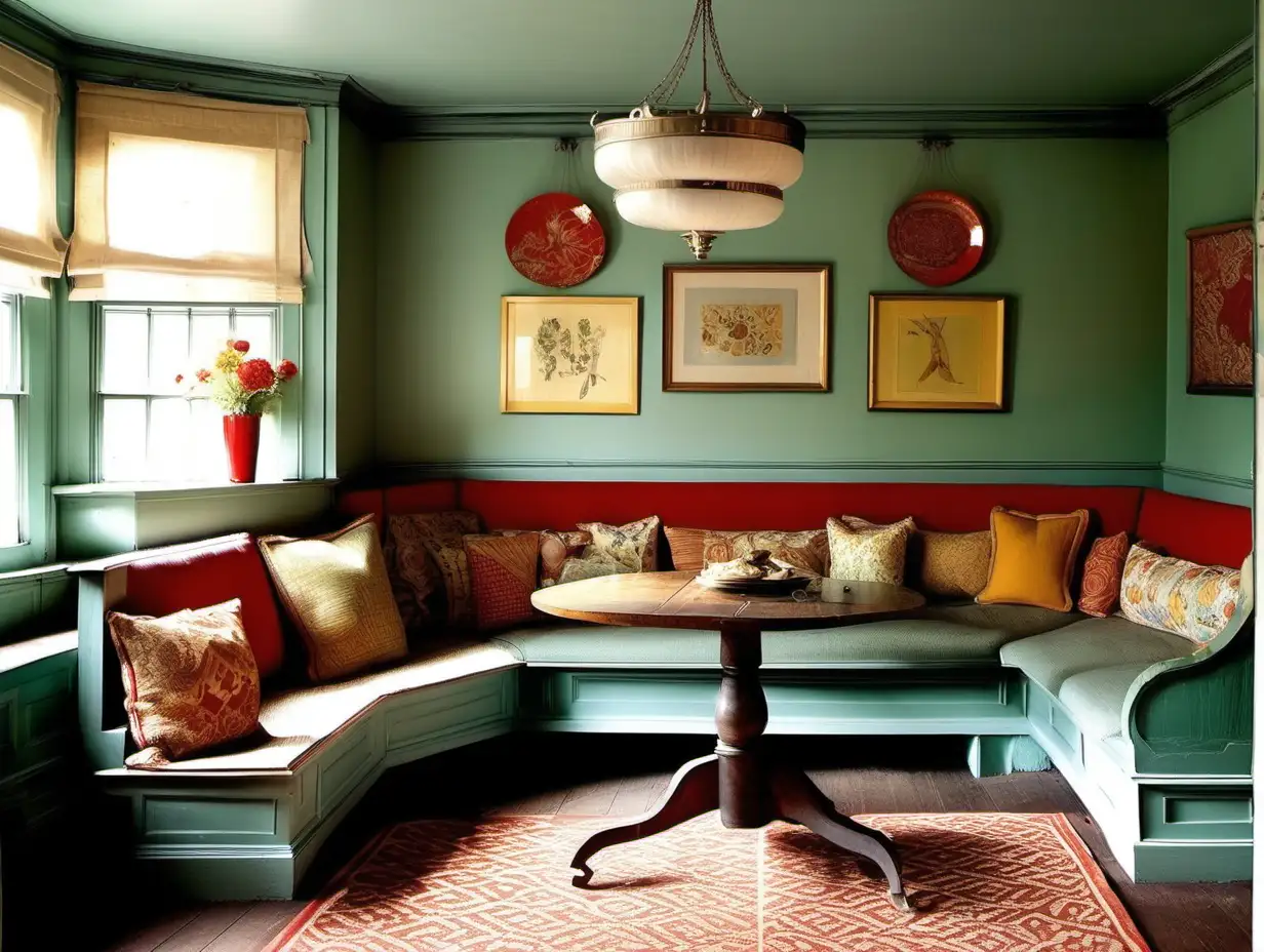 Eclectic Period Room with LShaped Banquette Seating and Vibrant Colors