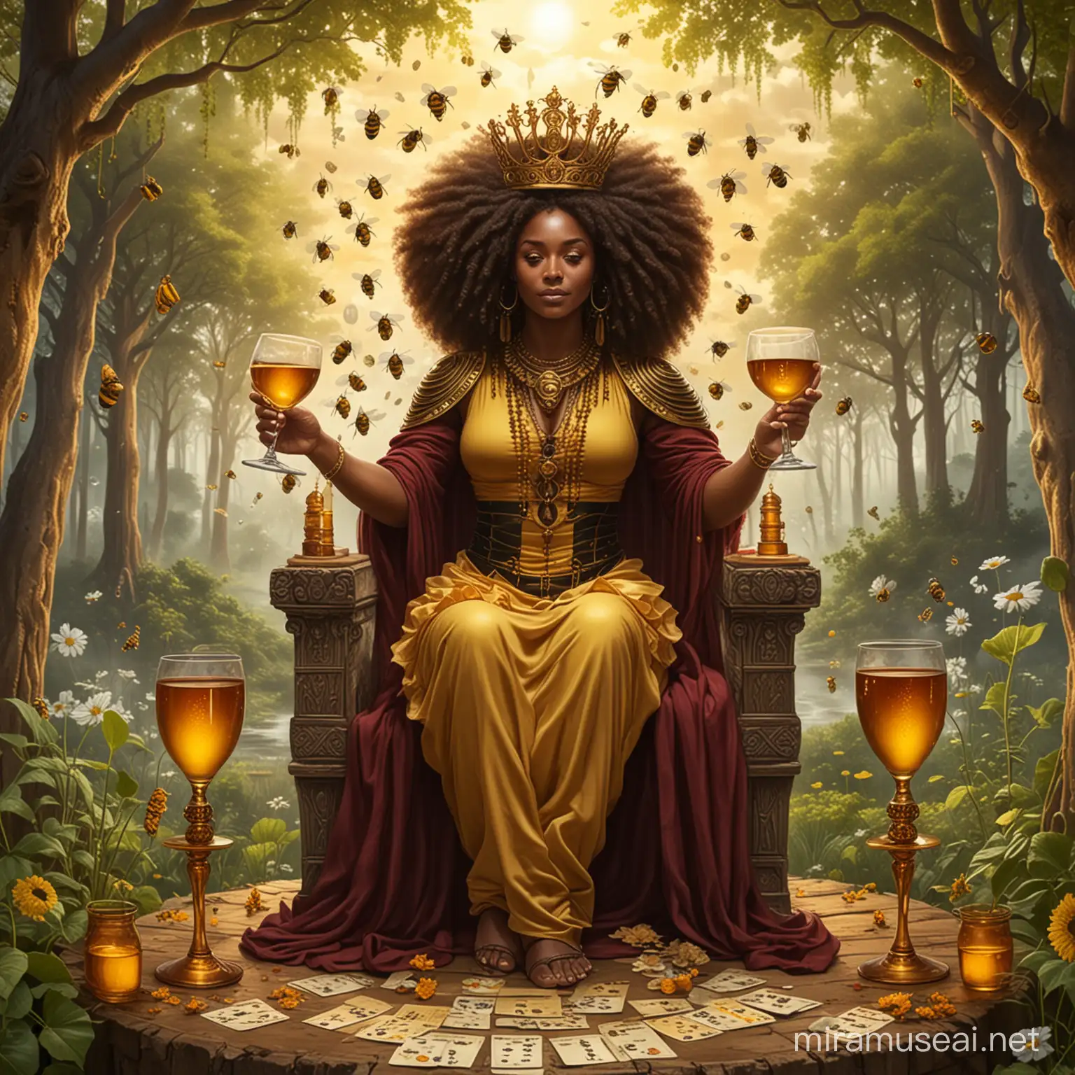 AfroIndigenous Queen Bee Tarot Card with HoneyFilled Wine Glasses in a 2030 Forest Setting