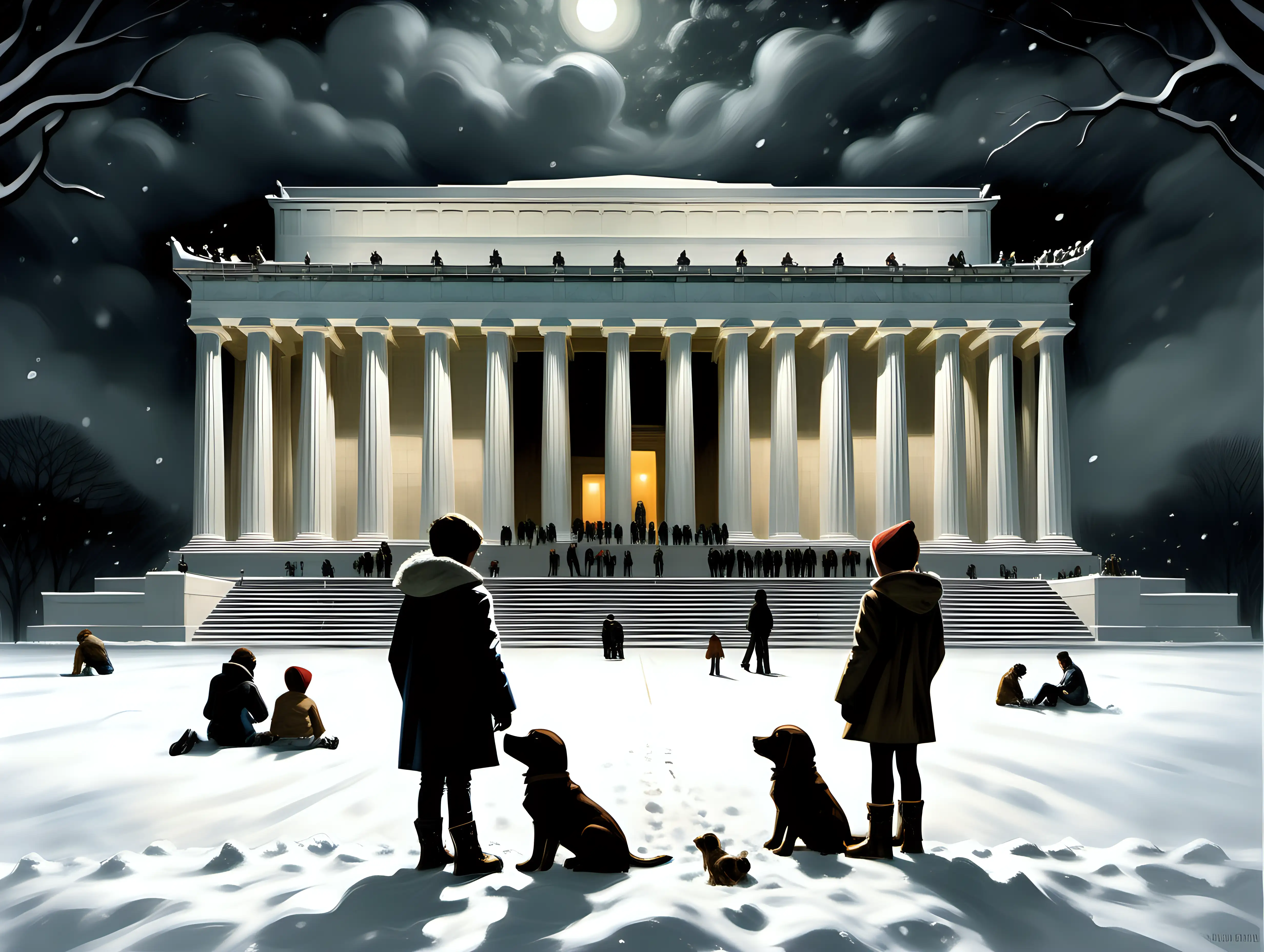 children at the Lincoln Memorial at night  with a puppy in a snow storm in front of the NYC library Edward Hopper style by frank frazetta