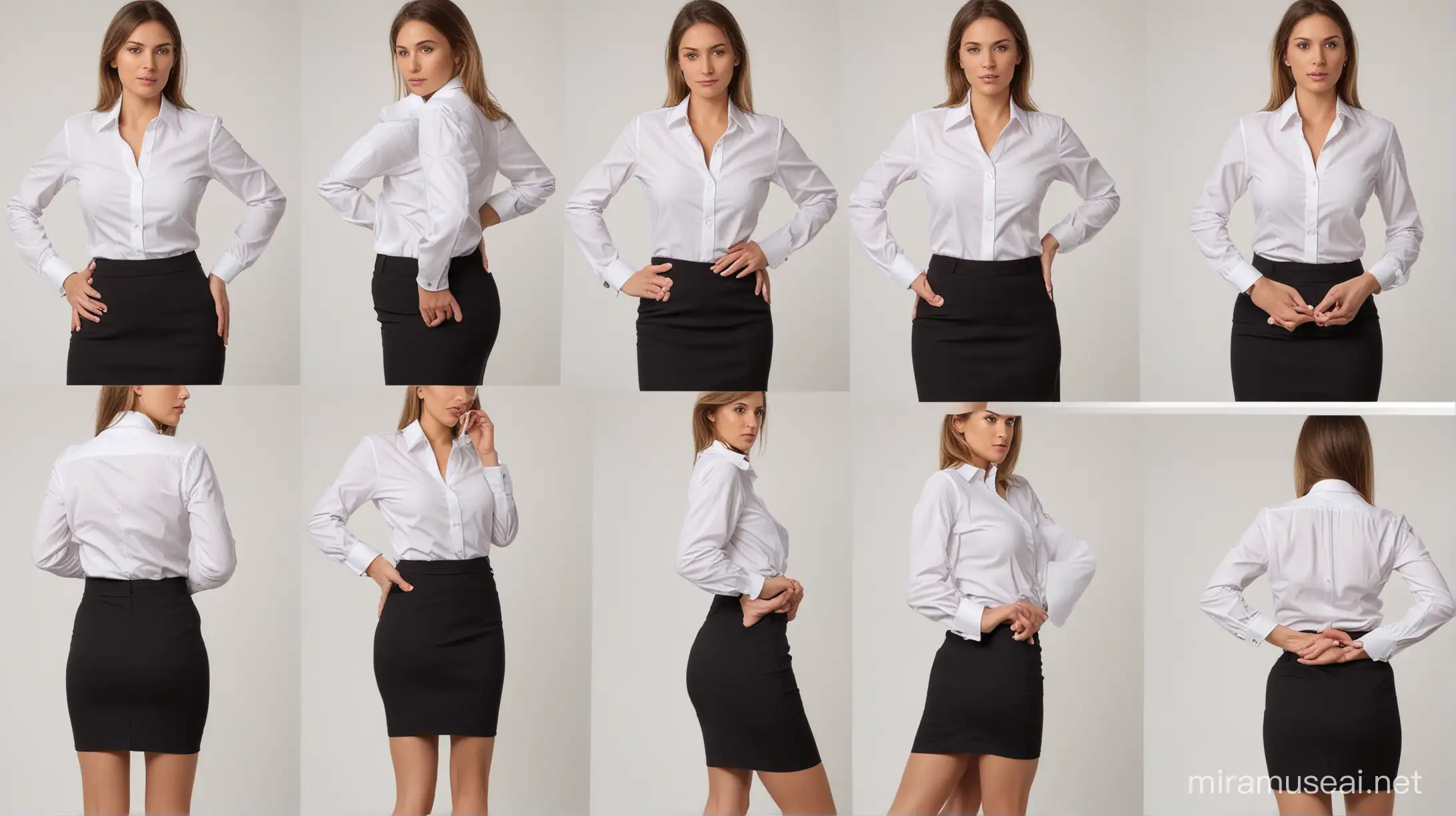 a series of smaller pictures of a woman in black business suit and white shirt, that explain how to dress / undress properly. Keeping it decent of course 
