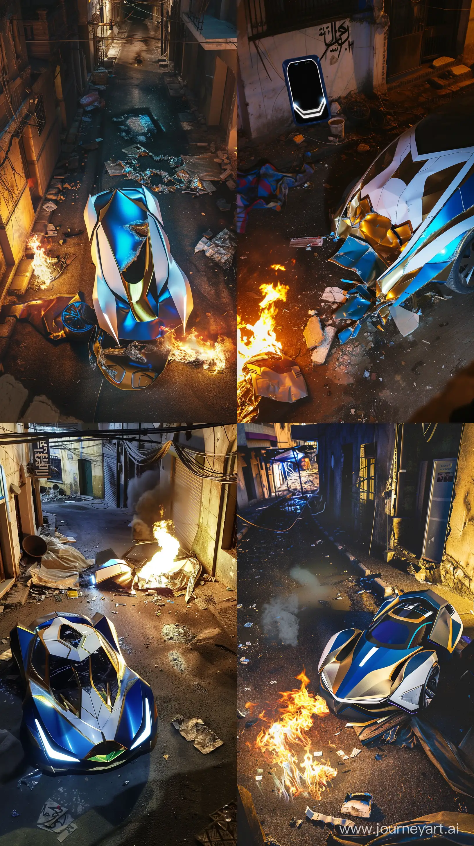 A phone photo with high view of a futuristic car that is very wrecked in a Arab street of slums in the night. Flames burning next to the car. Blue, white and golden colors. --ar 9:16 --s 0 --style raw --v 6