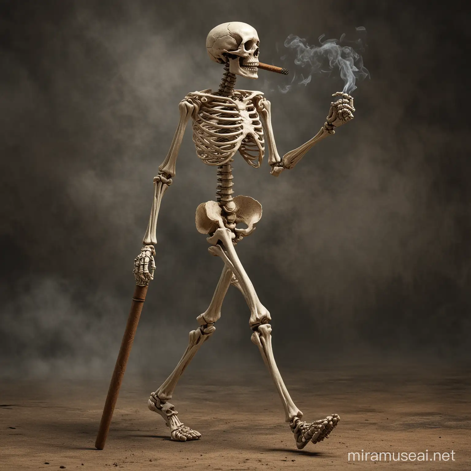 Skeletal Figure Strolling with a Cigar