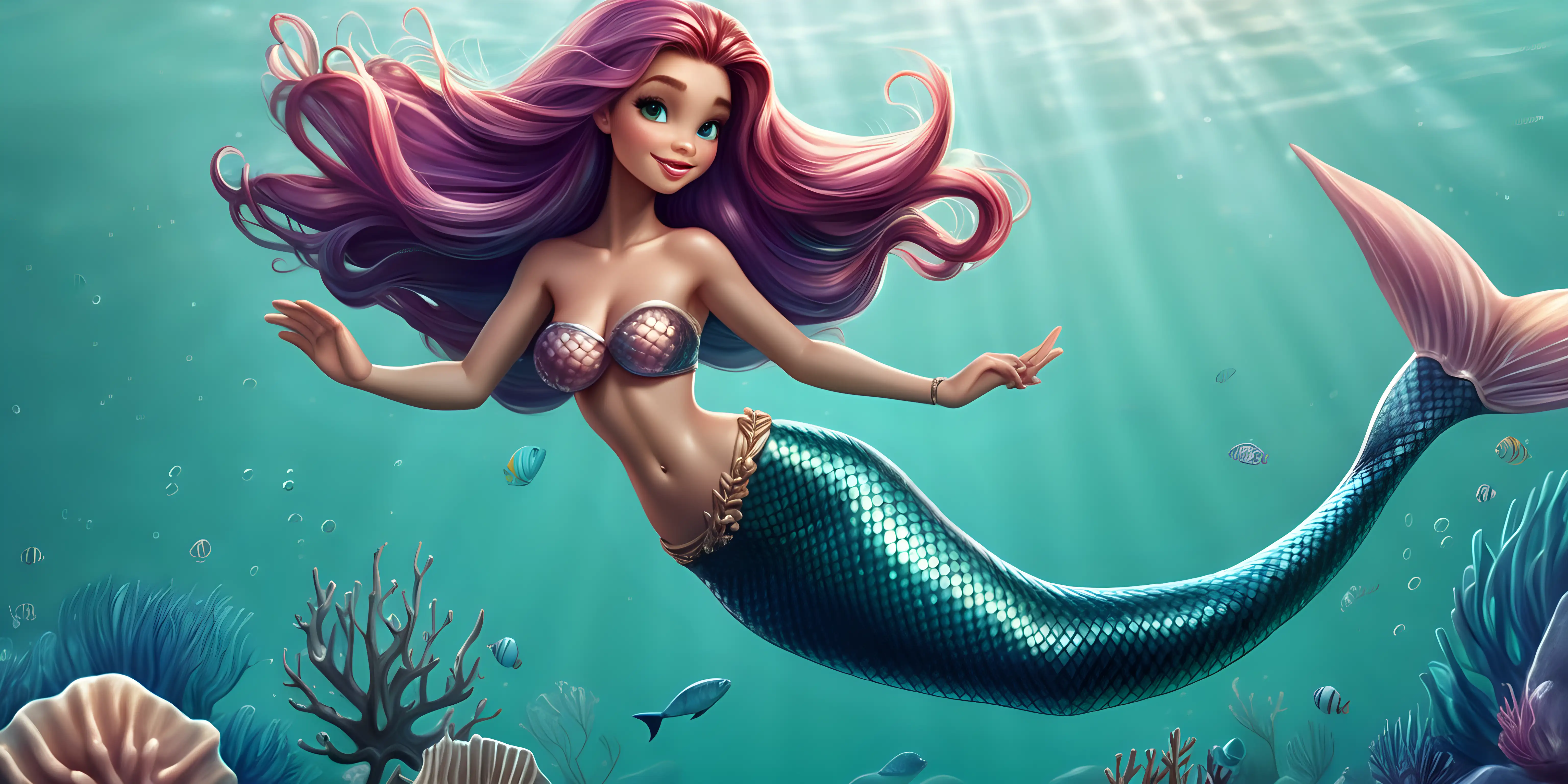 a realistic cartoon of a mermaid on a solid background