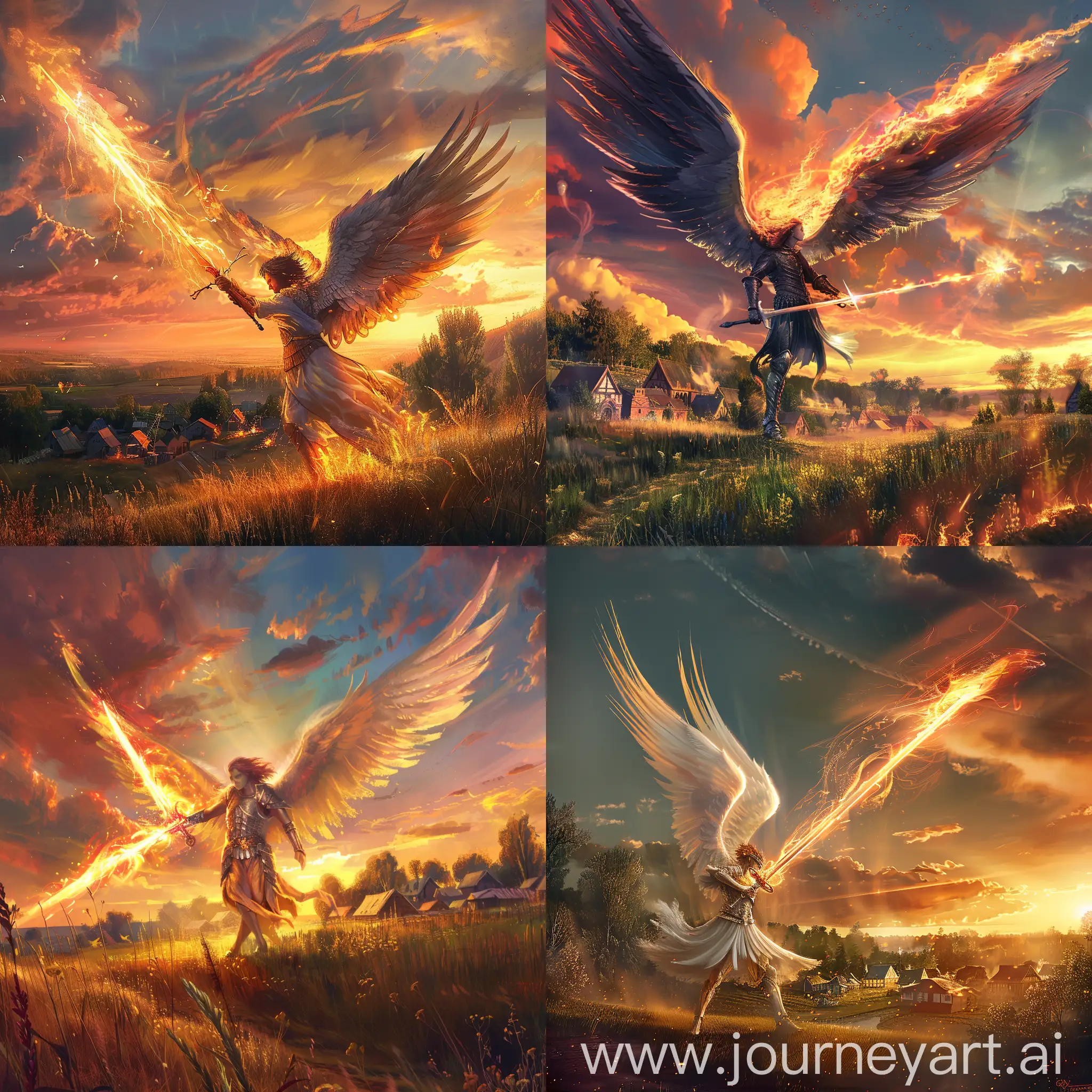In an open field, under a twilight sky, an angel descends from the heavens with his fiery sword blazing. His wings shine with a divine light as he prepares to land in front of a small village.