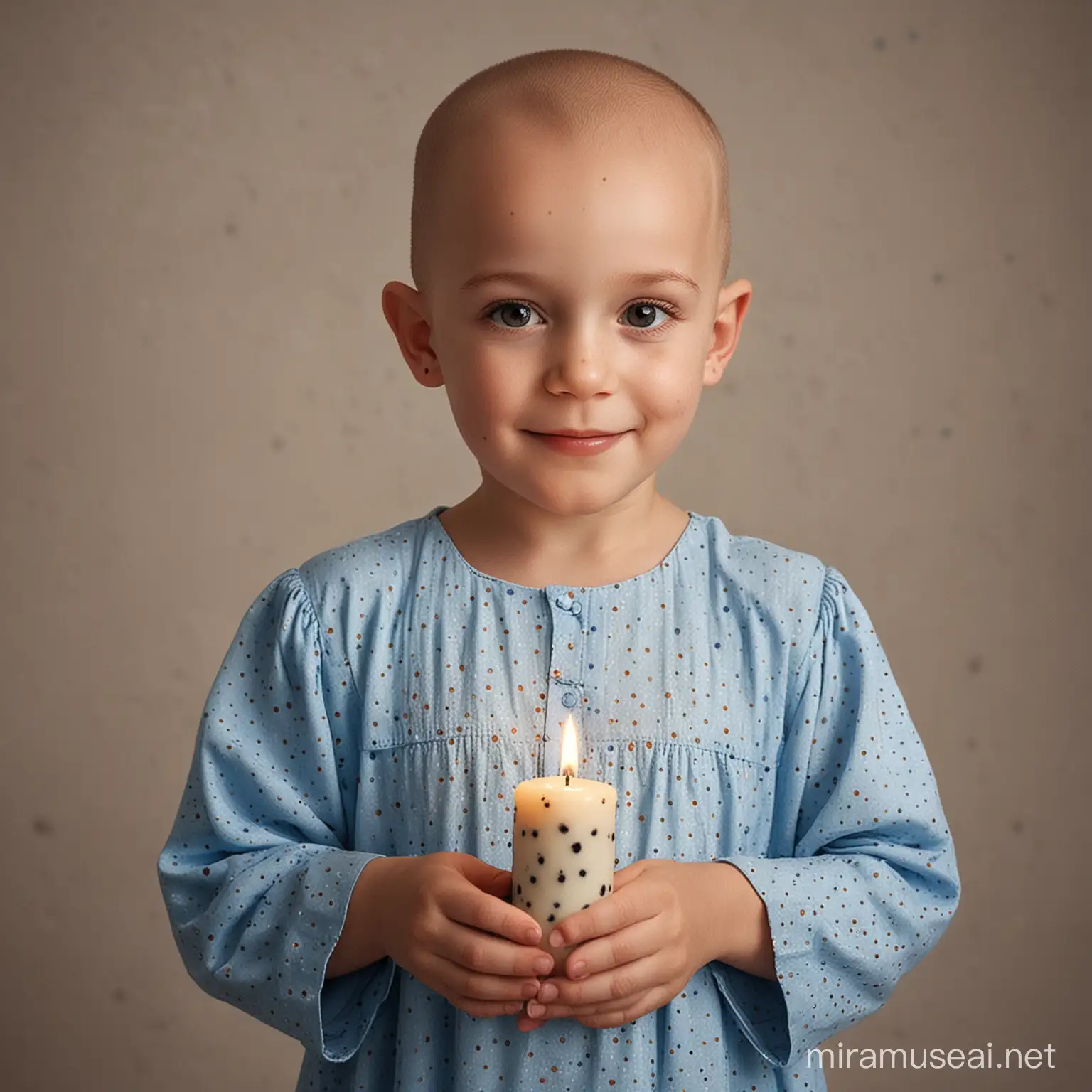 make a image of bald cancer child patient wearing a simple blue dotted hospital dress and holding a brown mud candle with both hands 