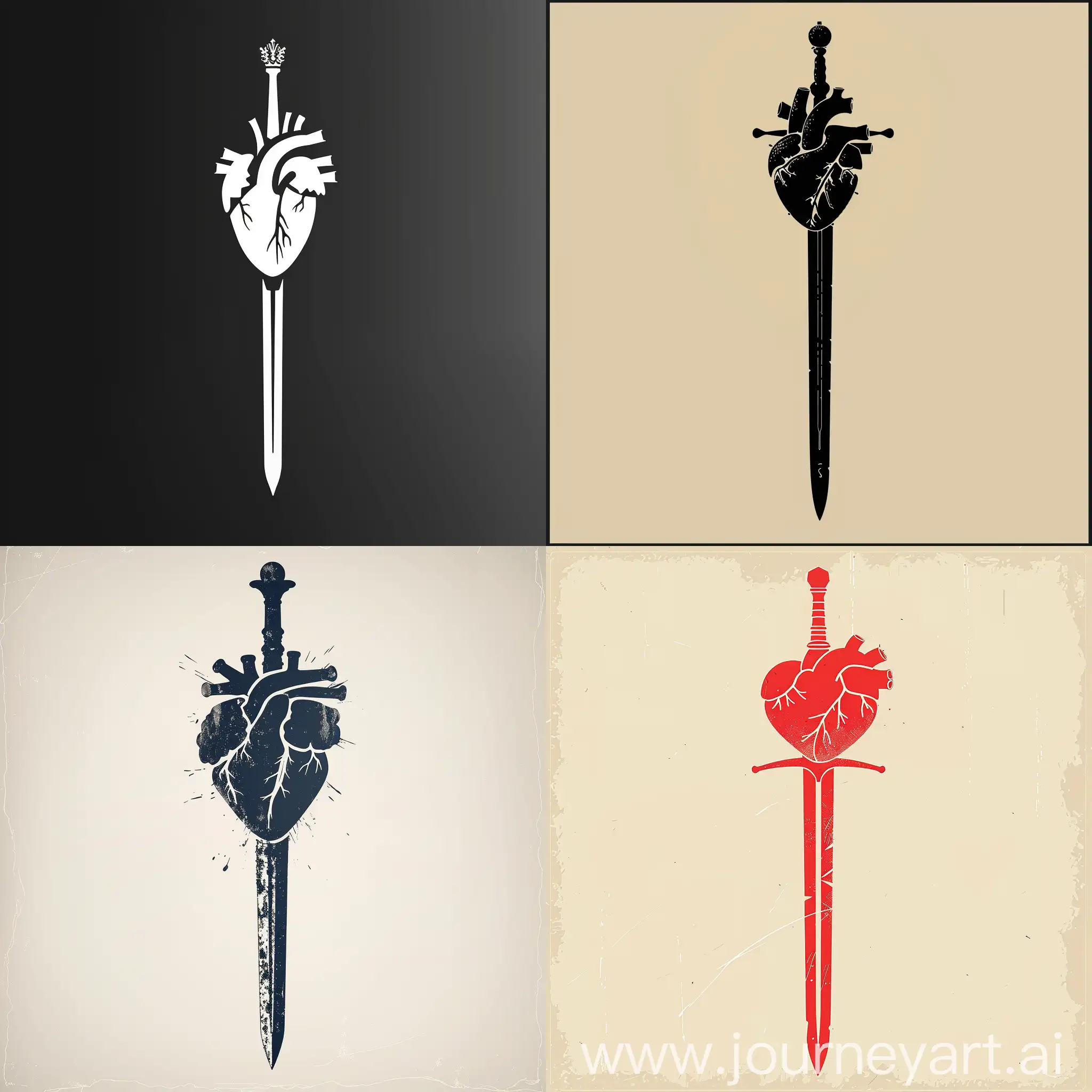 A minimalist silhouette of a human heart wielded by sword