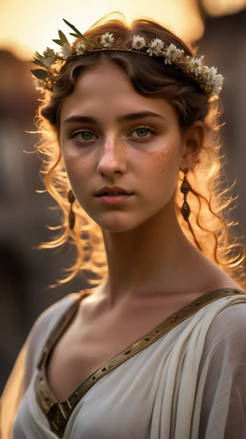  Close-up portrait of a Young girl from ancient Rome. Nymph, dancer, angelic face, perfectly proportioned, features of a unique, unprecedented beauty. Matte and tanned skin, it also has a few freckles. The eyes convey kindness and gentleness. Their olive color gives charm to the whole scene. The soft light of the sunset emphasizes the unique and sensual features. On his head he wears a crown of wildflowers. He wears a white, immaculate, semi-transparent tunic. Earrings and other accessories are made of brass
