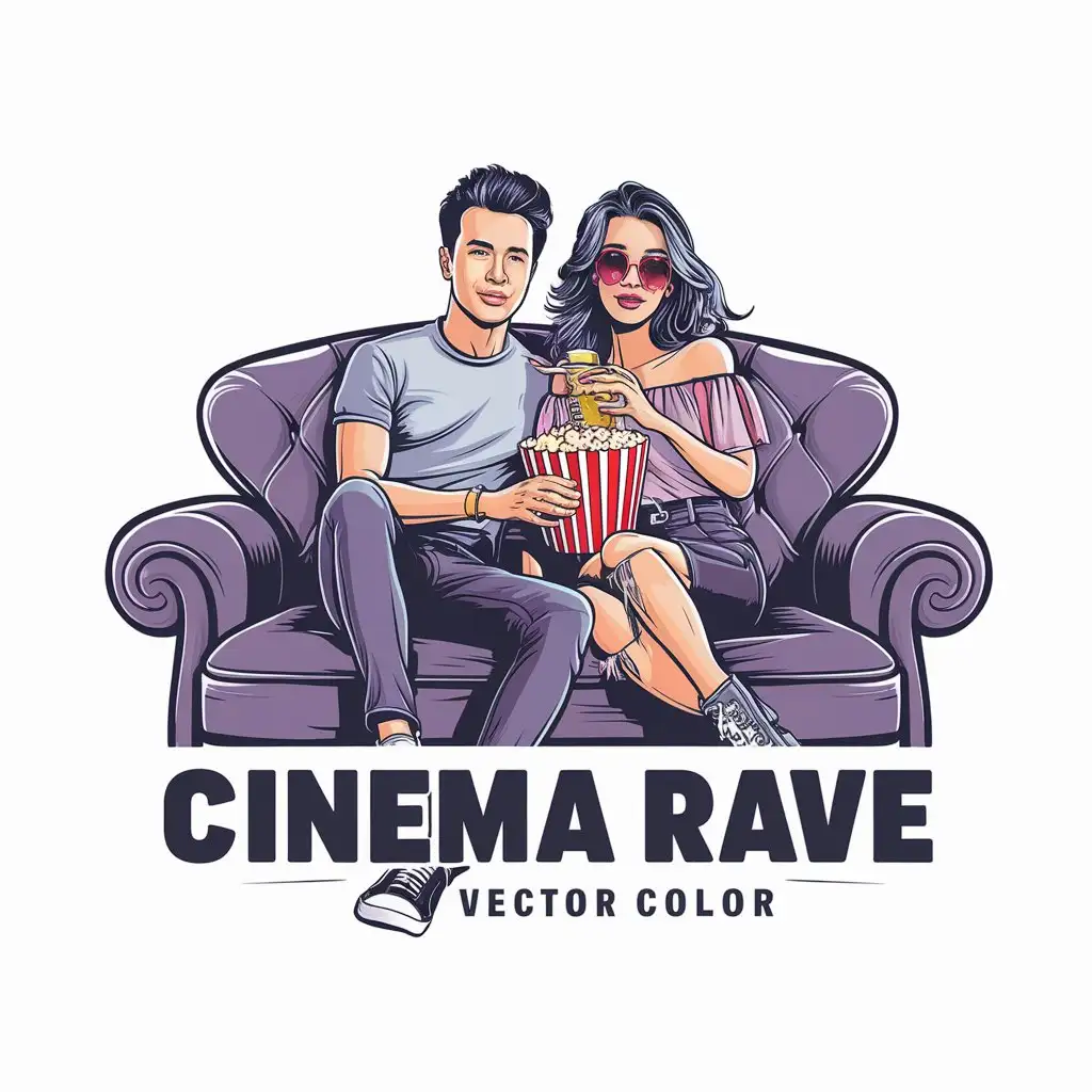 Cinema Rave логотип векторный, девушка и мужчина сидят на диване, пьют и кушают, векторно
