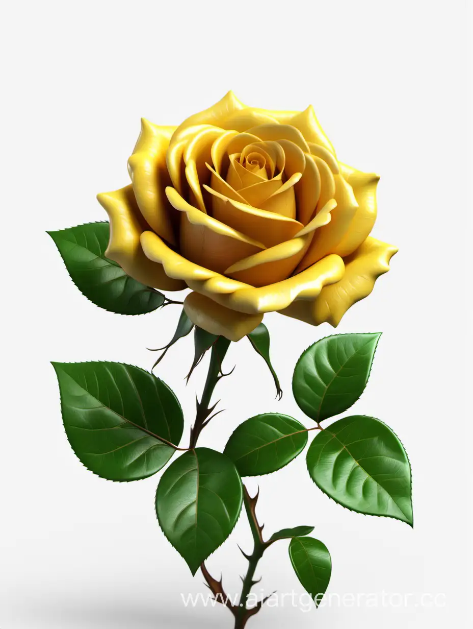 realistic dark yellow Rose 8k hd with fresh lush 2 green leaves on white background
