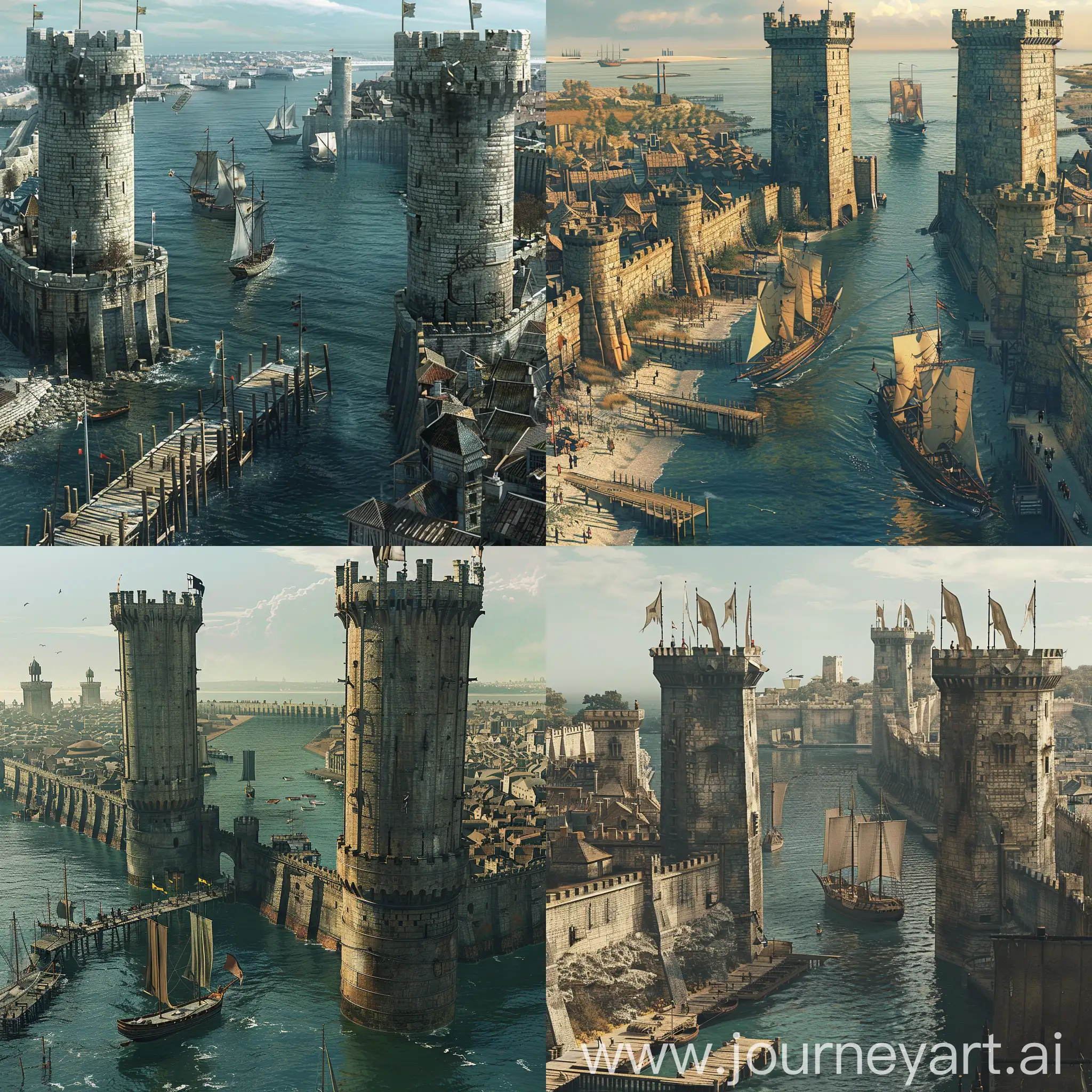 Scenic-Medieval-Port-City-with-Towers-and-Ships-Sailing