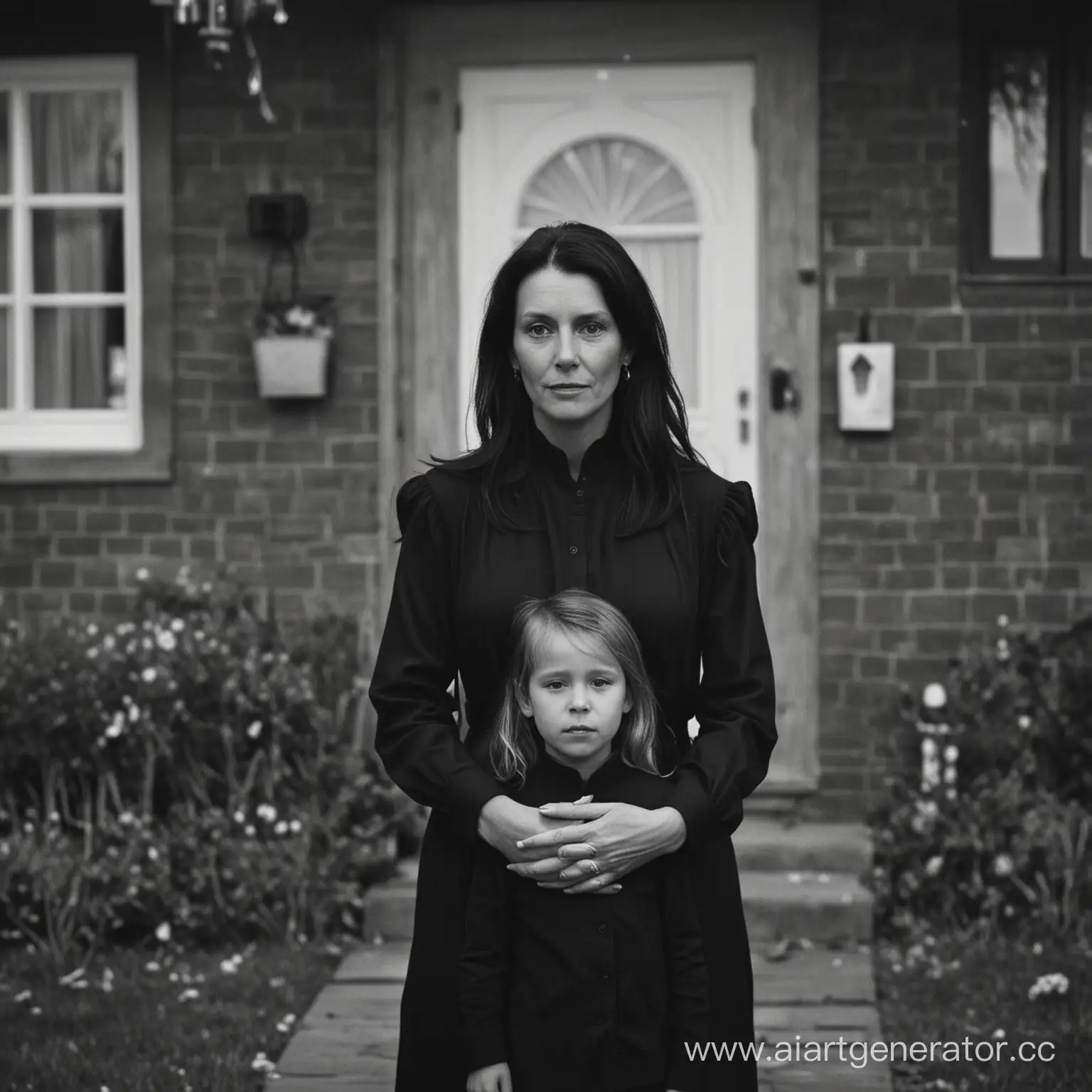 Psychic-Woman-and-Child-in-Black-Near-House