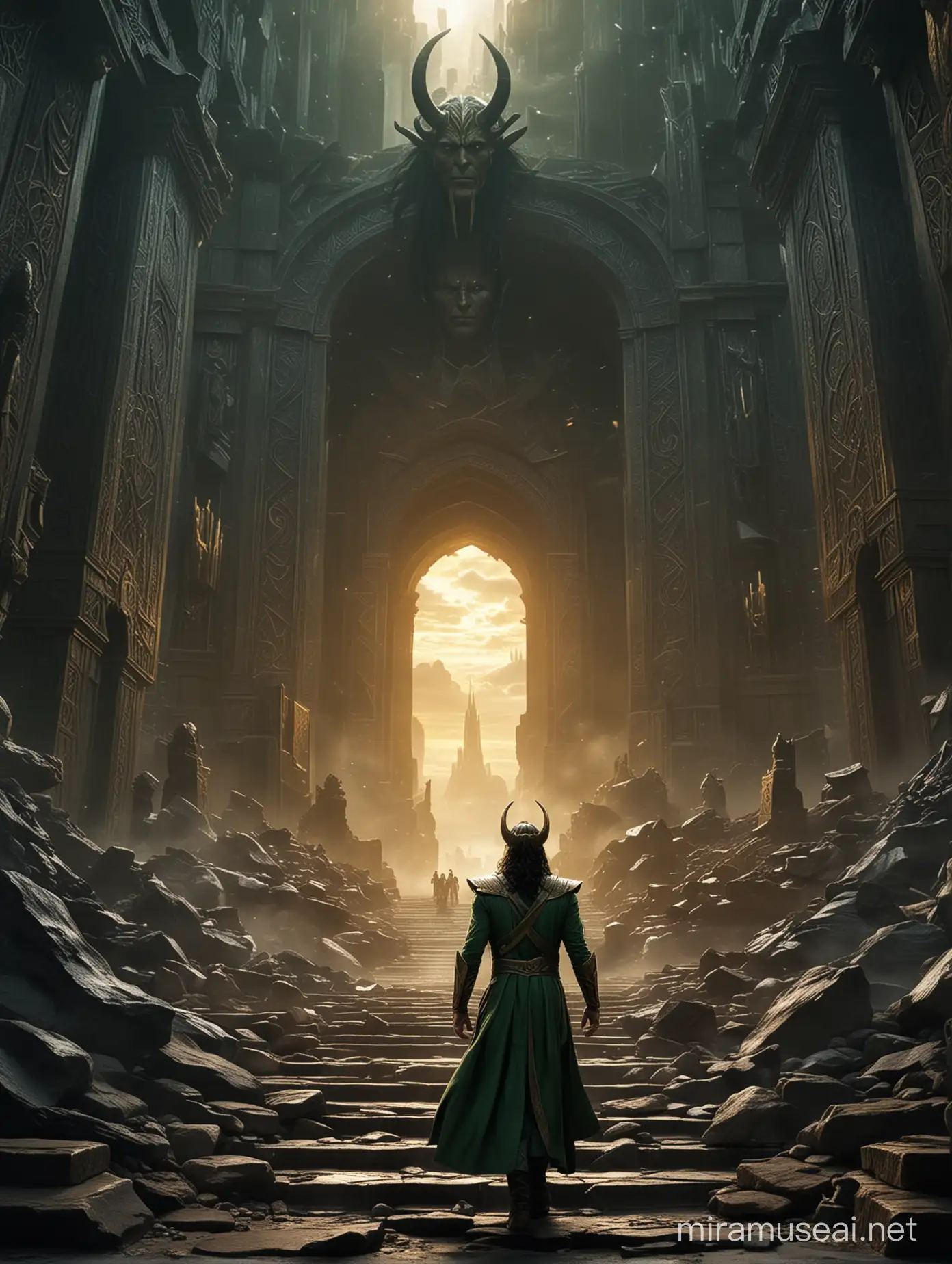 

As the spacecraft landed with a resounding thud on the majestic realm of Asgard, the ramp descended, revealing the enigmatic figure of Loki, clad in regal attire befitting his status as the God of Mischief. With cinematic grandeur, the backdrop of Asgard's breathtaking landscapes framed his entrance, enhancing the dramatic effect of his arrival.

Stepping onto the hallowed ground of his homeland, Loki's gaze swept across the towering spires and golden hues of the celestial city, his expression a mix of defiance and intrigue. The intricate detailing of Asgard's architecture served as a stunning contrast to Loki's dark silhouette, emphasizing the complexities of his character and his tumultuous relationship with his kin.

As the camera panned around him, capturing every subtle movement and expression, it became evident that Loki's return heralded a new chapter in the saga of Asgard. With the promise of intrigue and betrayal lingering in the air, his presence added a layer of tension to the already tumultuous dynamics of the realm.

Thus, amidst the breathtaking beauty of Asgard's cinematic backdrop, Loki stood poised to embark on his next adventure, his every move a mesmerizing dance between deception and redemption.