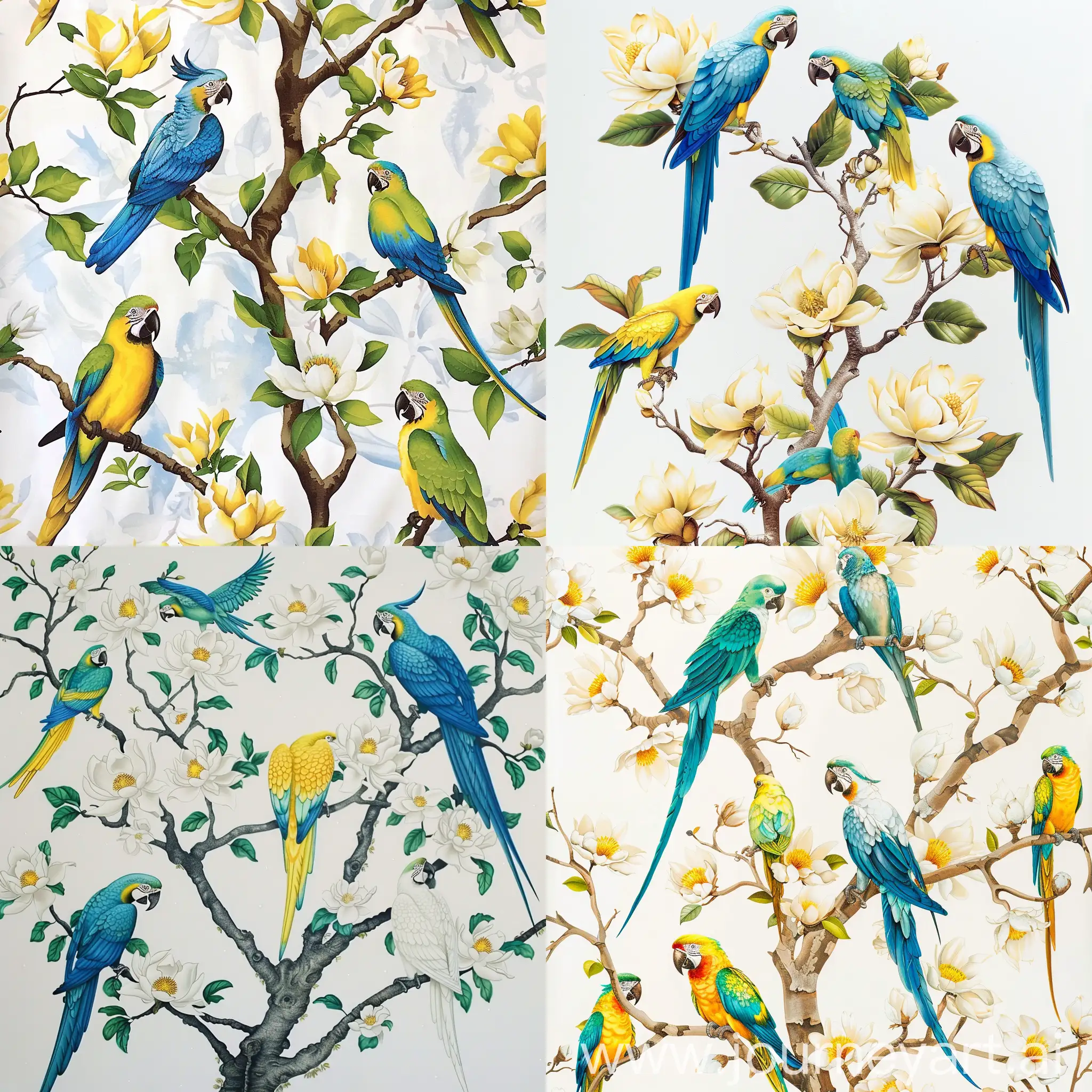 Magnolia blossom tree and parrots in blue,yellow ,green ,turquoise on white background