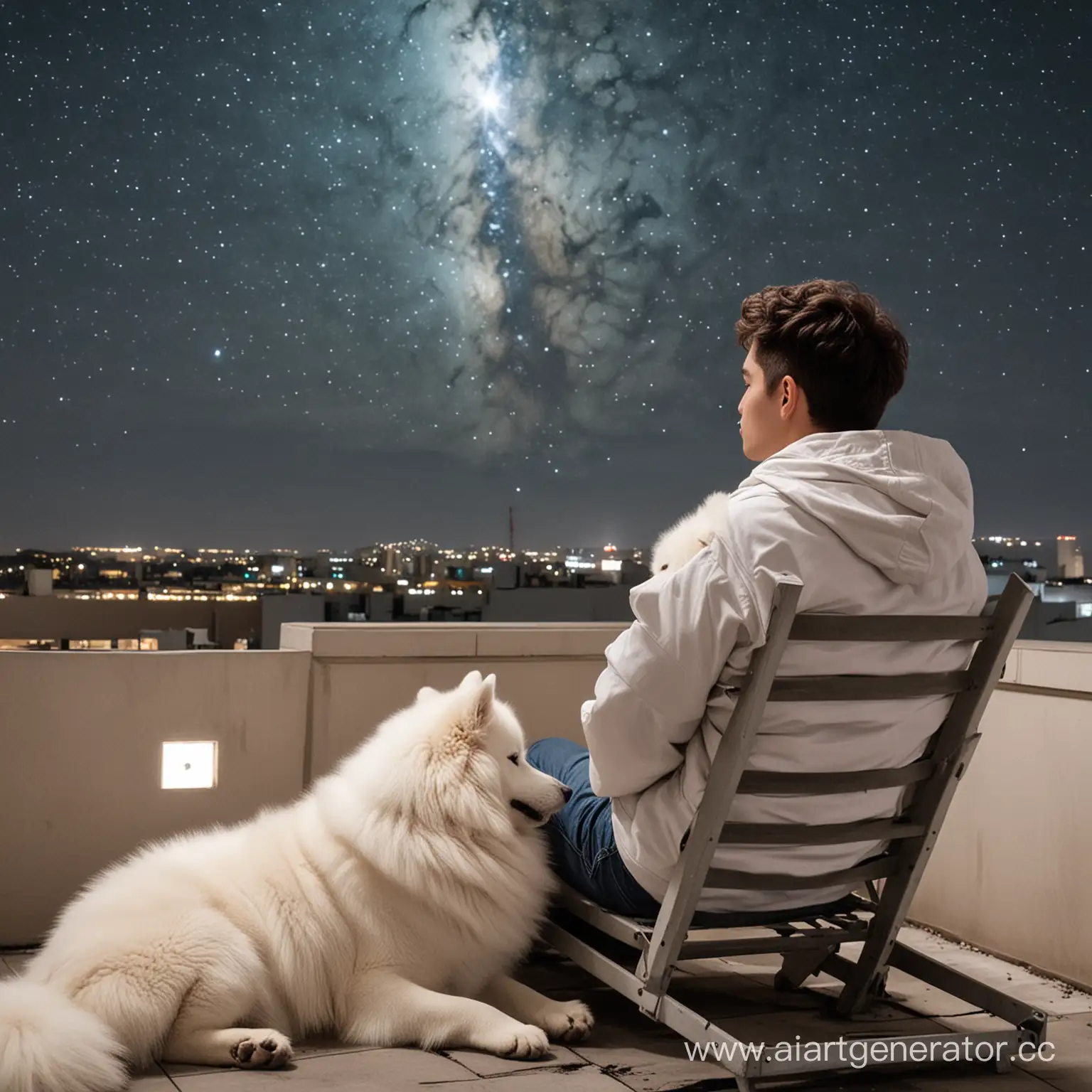 Contemplative-Rooftop-Moment-with-Samoyed-Dog-Under-Starry-Sky