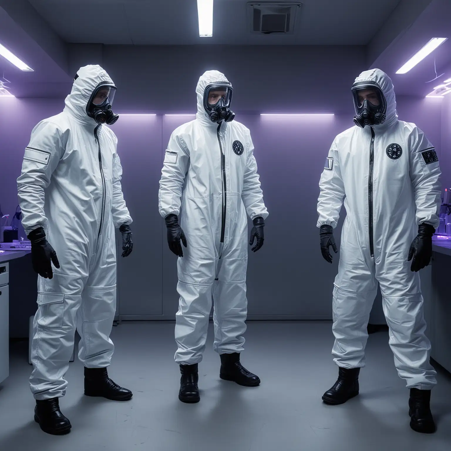Futuristic Laboratory Scene with Bio Hazard Suits Under UV Light