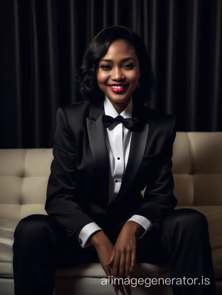 An Indonesian woman with dark skin, shoulder length hair, and lipstick is sitting on a couch in a dimly lit room.  She is facing forward, looking at the viewer.  She is clasping her hands.  She is wearing a tuxedo.  Her jacket is black.  Her jacket is opened.  Her shirt is white and has a wing collar and has cufflinks.  Her pants are black.  She is smiling and laughing.