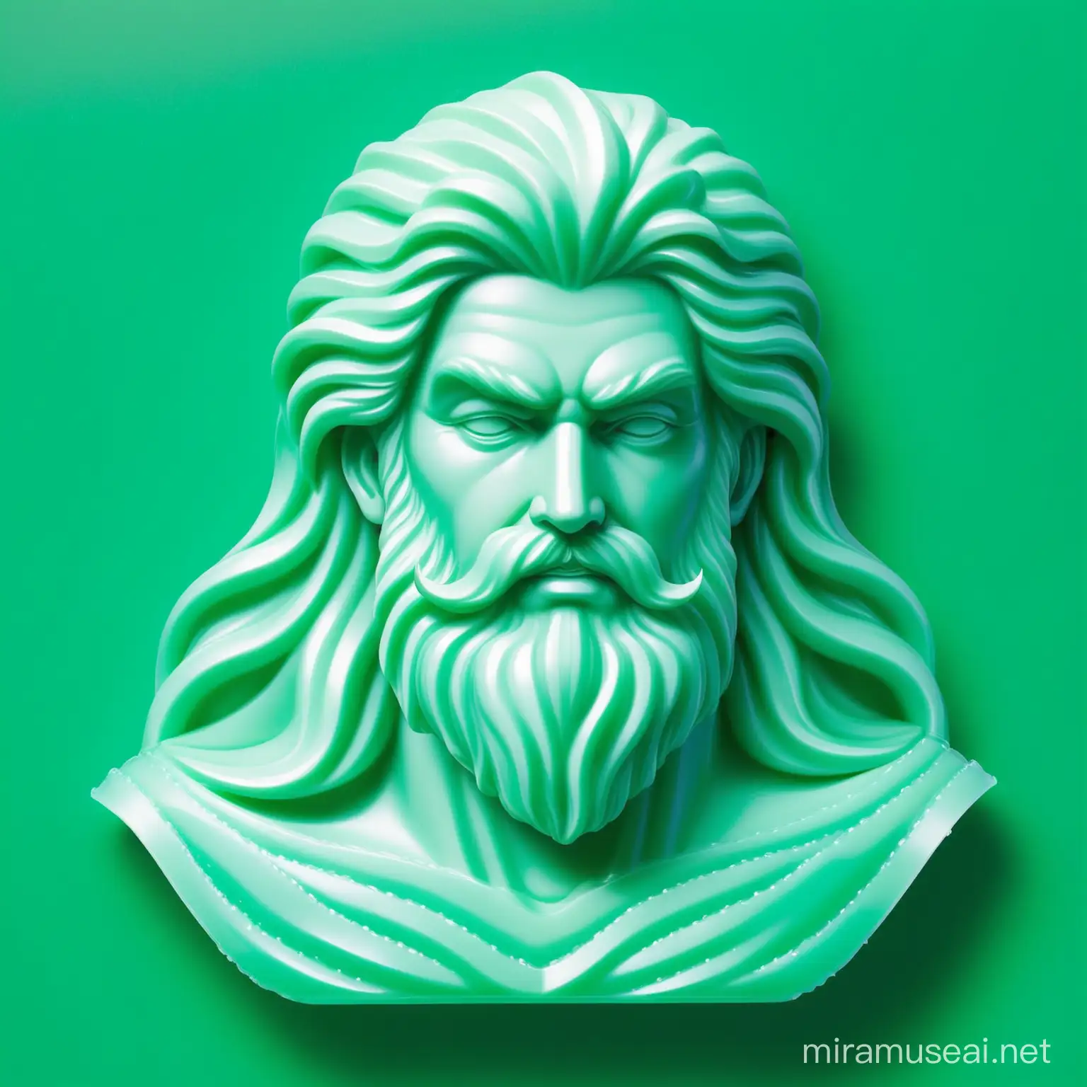 Poseidon made by recycled plastics with a green background