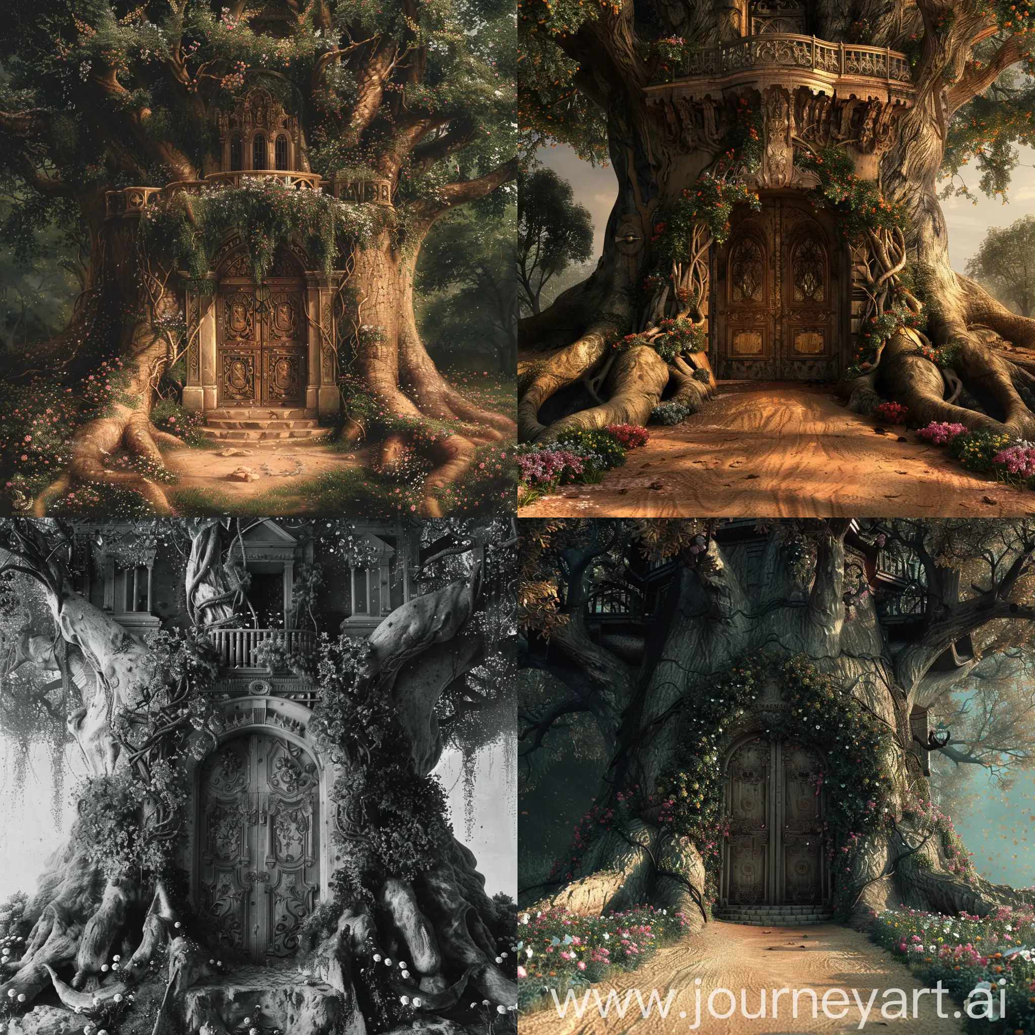 Enchanted-Forest-Cathedral-Majestic-Tree-with-Ornate-Doors-and-Floral-Decor