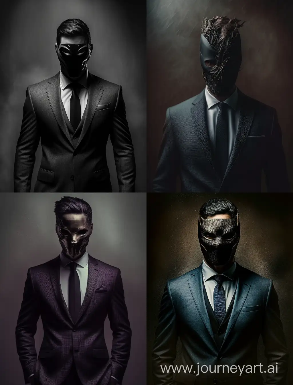 Create an image in which there will be a mysterious man with a black mask on his face and a beautiful suit covering his entire face, in a model pose.