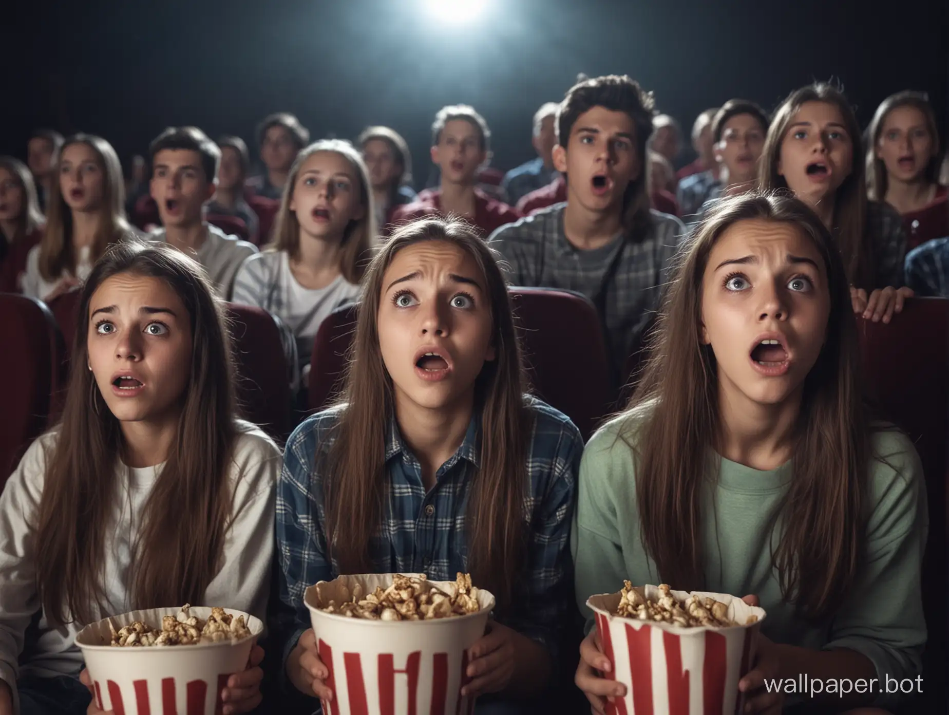 Teenagers watching a scary movie at the cinema. Detailed features, sharp image.