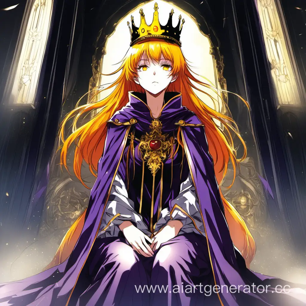 Аним девушка с оранжевыми волосами и фиолетовой мантией на троне в короне желтой серьезно смотрит в аду
