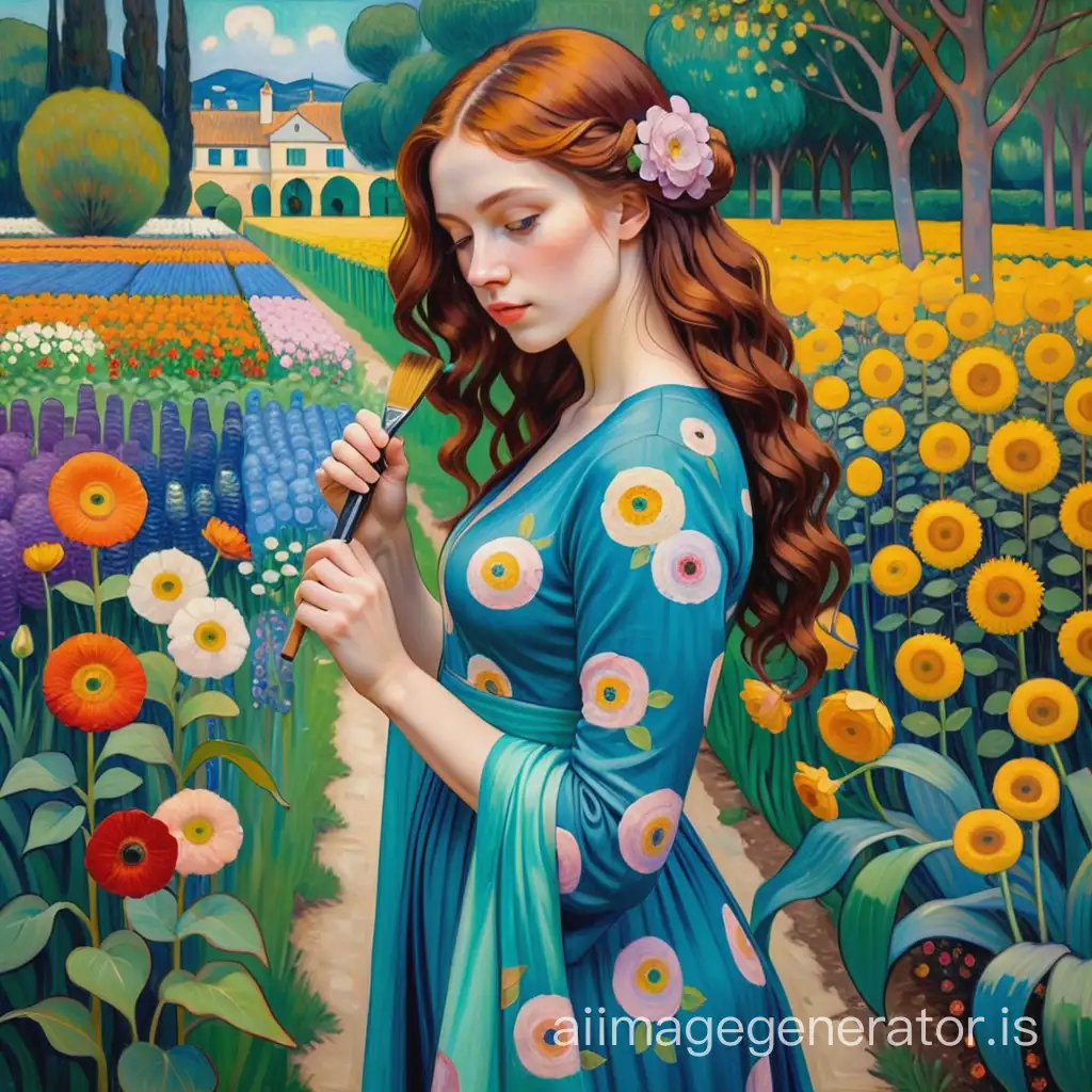 Depict an oil painting of a contemporary woman in a flower garden combing the styles of Klimt and Van Gogh.