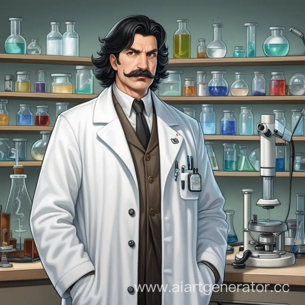 Толстый учёный, с черными волосами средней длины, в лабораторном халате, усатый мужчина толстый