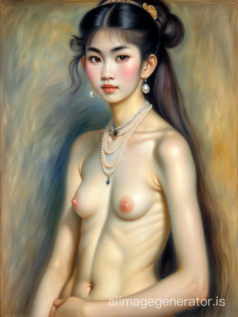 Renoir Oil Painting Beautiful Vietnamese Princess Nude with Pearl Earrings  | AI Image Generator