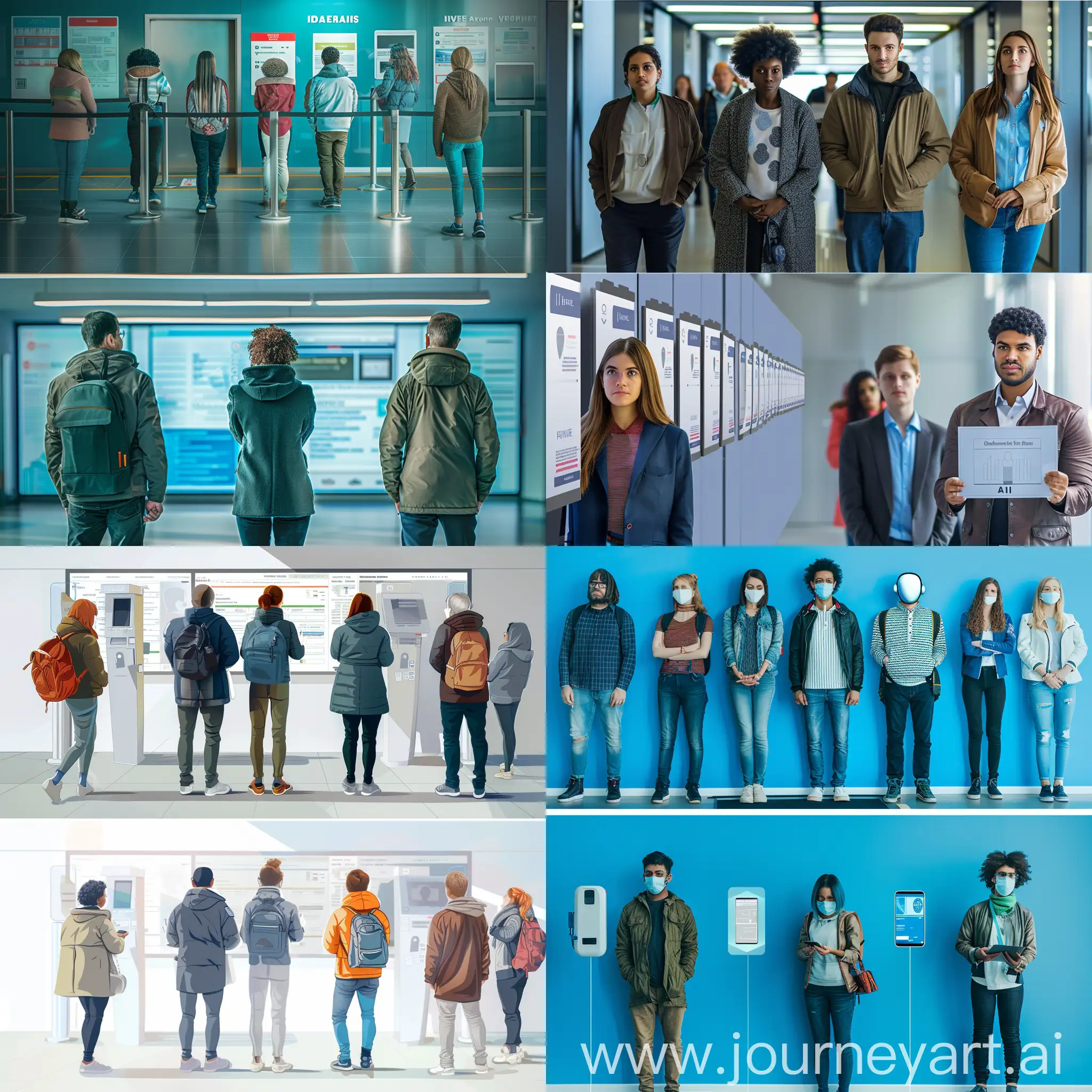 A split realistic image showcasing the current challenges: Top: Individuals facing difficulties with traditional identity verification processes (long lines, complex forms). Below: Individuals experiencing a smooth and streamlined digital identity experience facilitated by AI (biometric verification, online services).