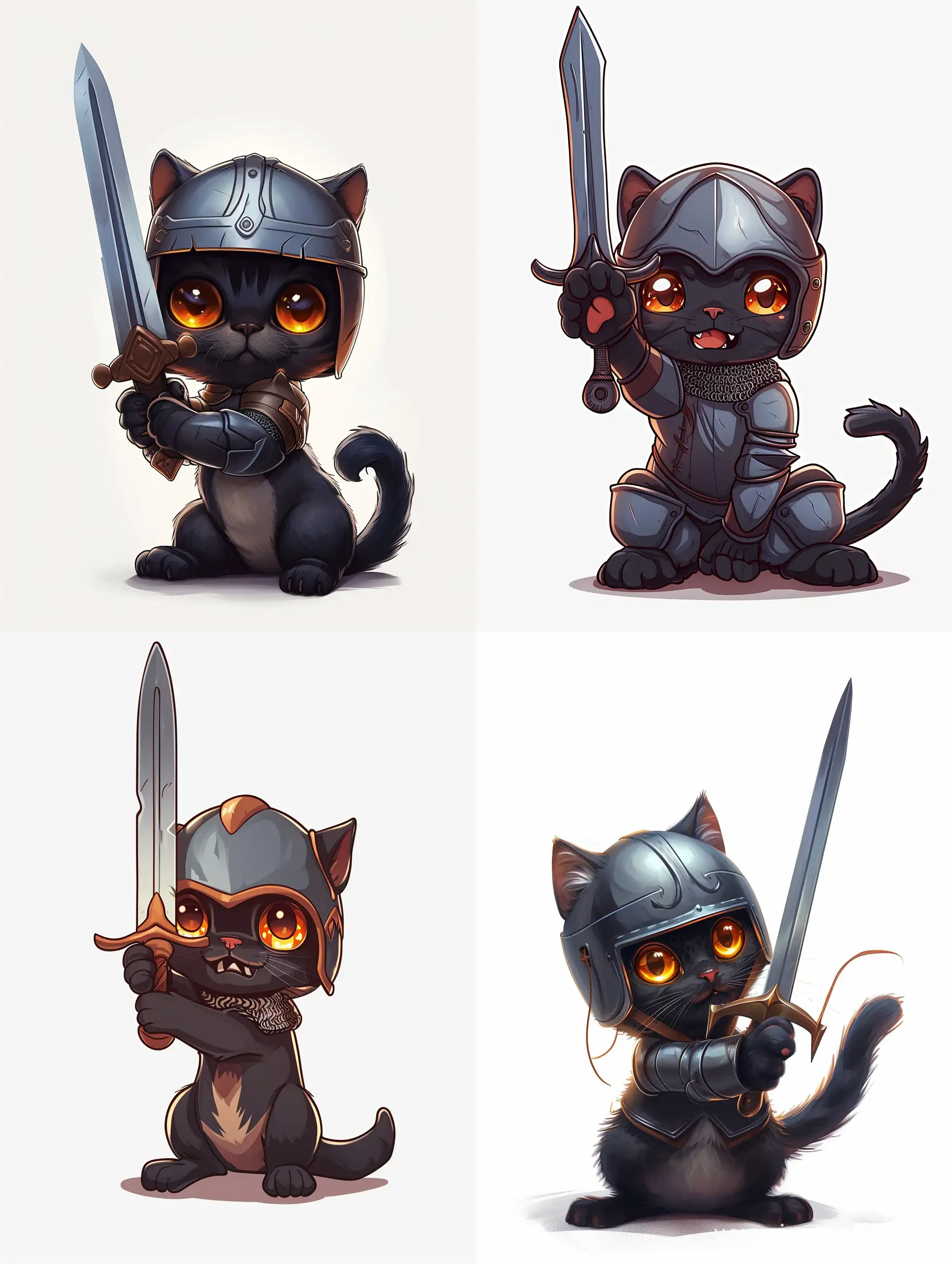 Cute little cat knight sailor, with amber eyes that shimmer beautifully, with a knight's helmet and a sword in his paw raised up,shows that he is ready to attack with a battle cry, the color of the cat is black with a small white spot on his neck, hd, png, white background, cartoon, 2D, minimalism