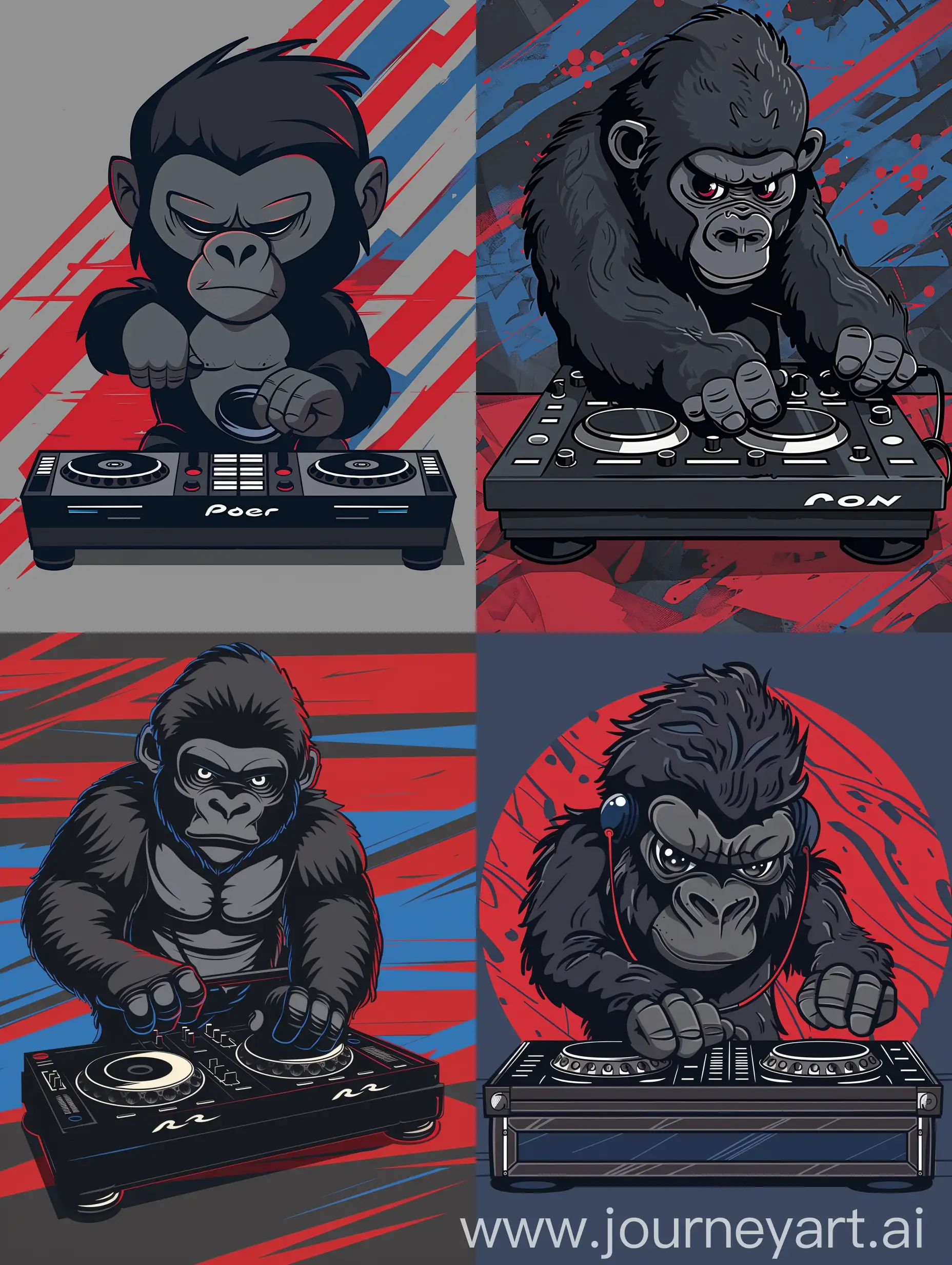 chibi anime gorilla, playing dj, with red blue grey solid background, strong lines