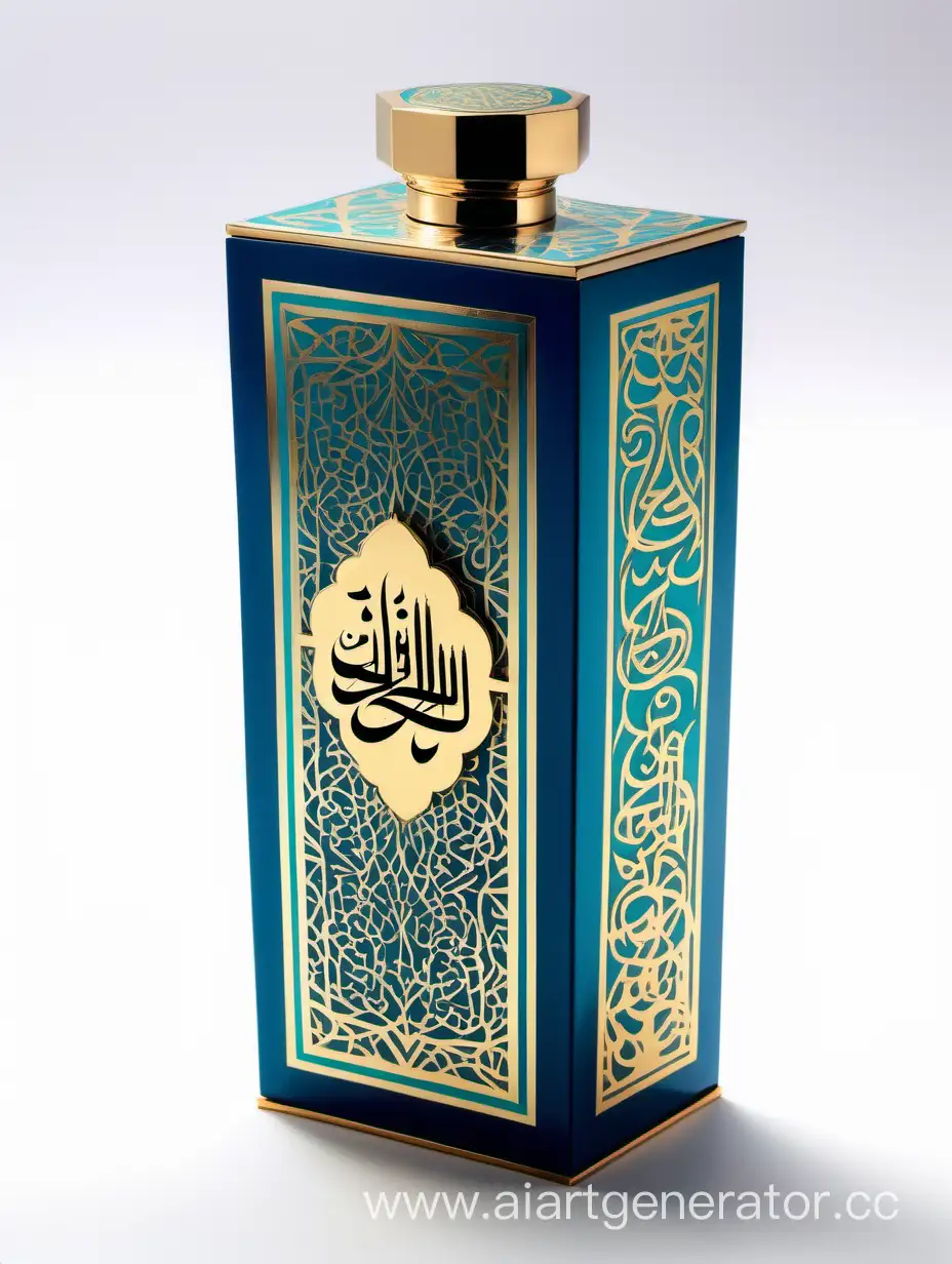 Dark dark blue and gold Turquoise  luxury perfume rectangle vertical box 75% lines with Arabic Calligraphy on white background