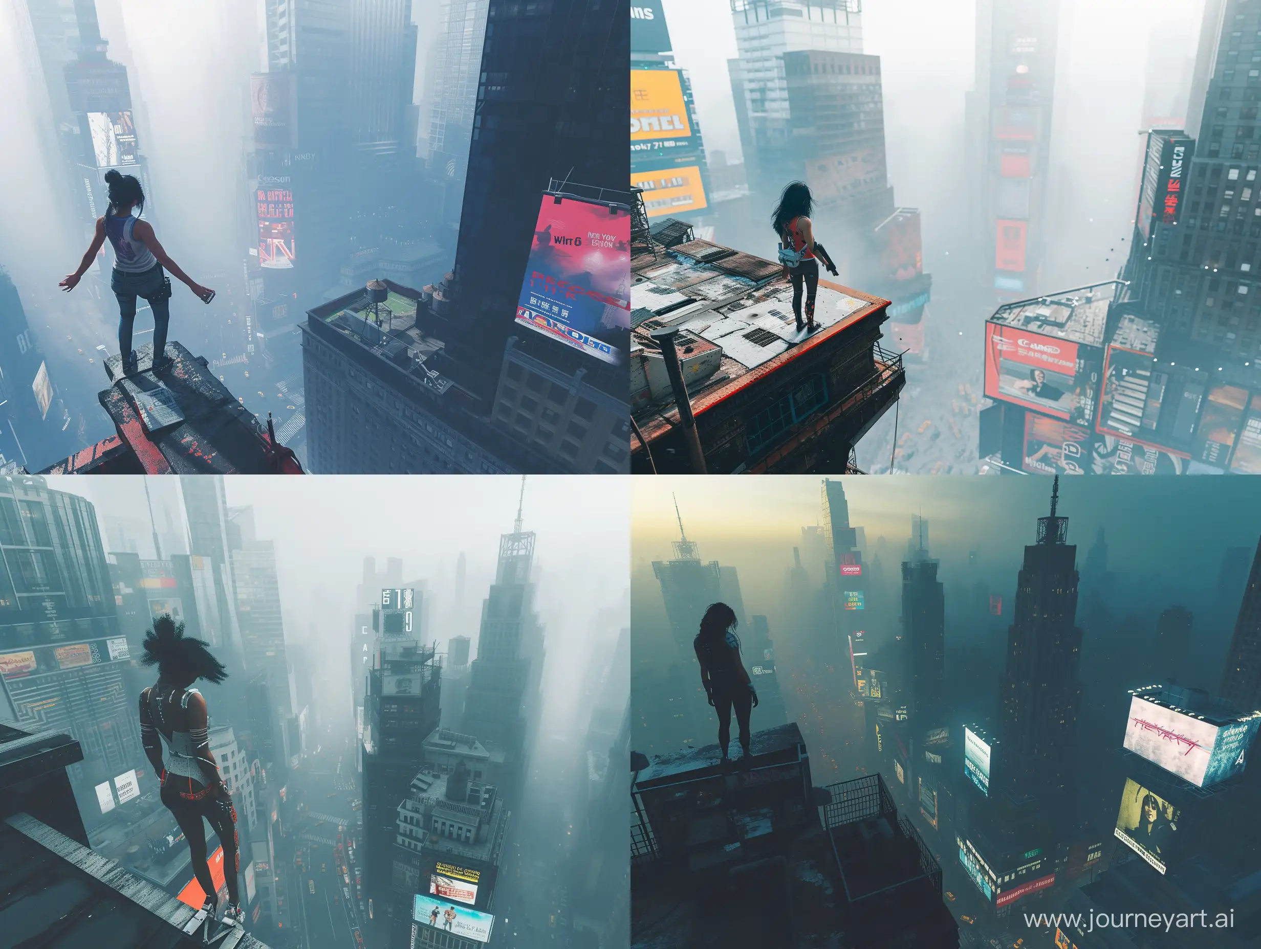 a bustling Procedural new new york city, the photo is bathed in natural lighting, relaxing setting. Shot in 4k with a high end DSLR camera. such as a Canon EOS R5 with a 50mm f/1. 2 lens, architecture, drone view, skyline, a woman is standing on the edge of a rooftop, vivid, foggy, dystopian, science fiction, she has a bionic arm, full view, skyline, billboards, nature, 
