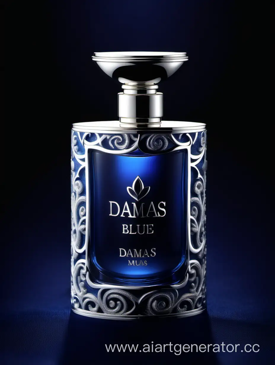 Luxurious-Silver-and-Dark-Blue-Perfume-with-3D-Details-on-Black-Background