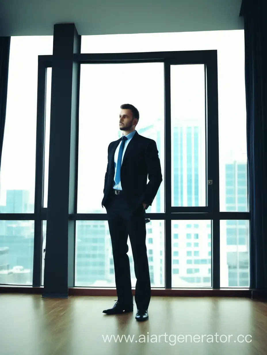 A full-length businessman in a business suit stands near the window in his office