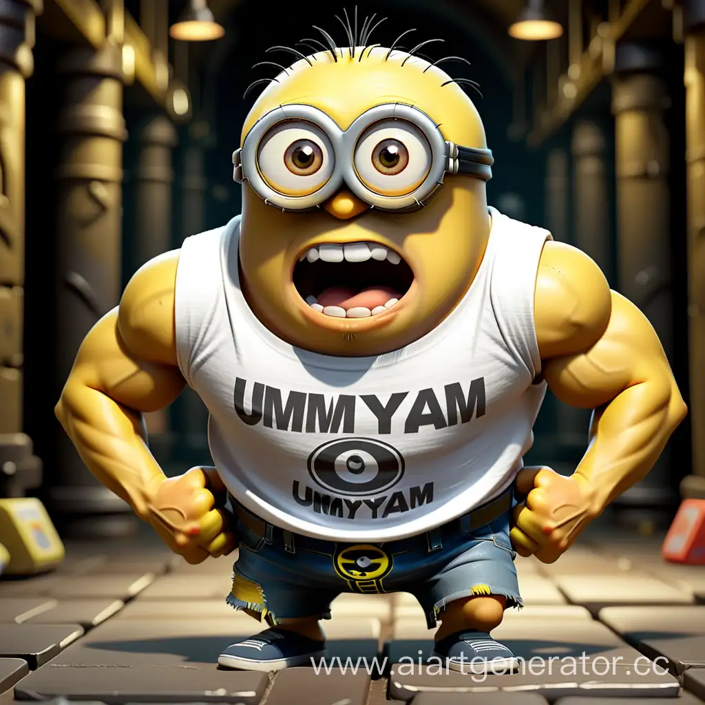 Brawny-Minion-in-Umnyam-TShirt-Flexing-Muscles