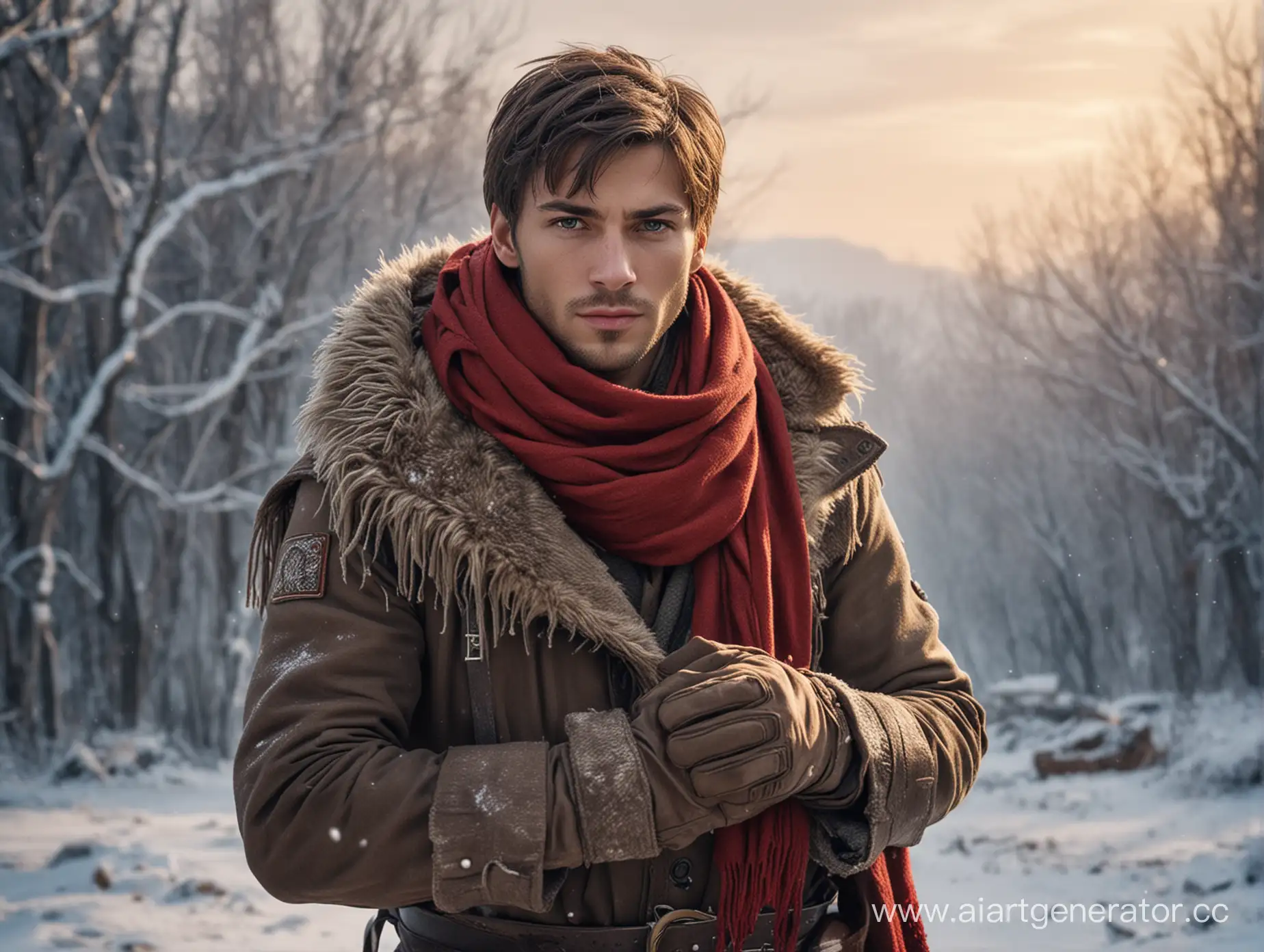 Gender: Male
Eye Color: brown
Skin color: light, Slavic
height: 1.85
Appearance:  beautiful both voice and body, the captain of the city of Winterhome, now he is destroyed, dressed in a red scarf one meter long, winter clothes, the city was in the north and therefore he had developed immunity to the cold,
when the city was destroyed, he wandered through the snowy desert and frosted his hand up to his forearm and now constantly wears a glove to hide a terrible burn from frostbite, is shy and smart