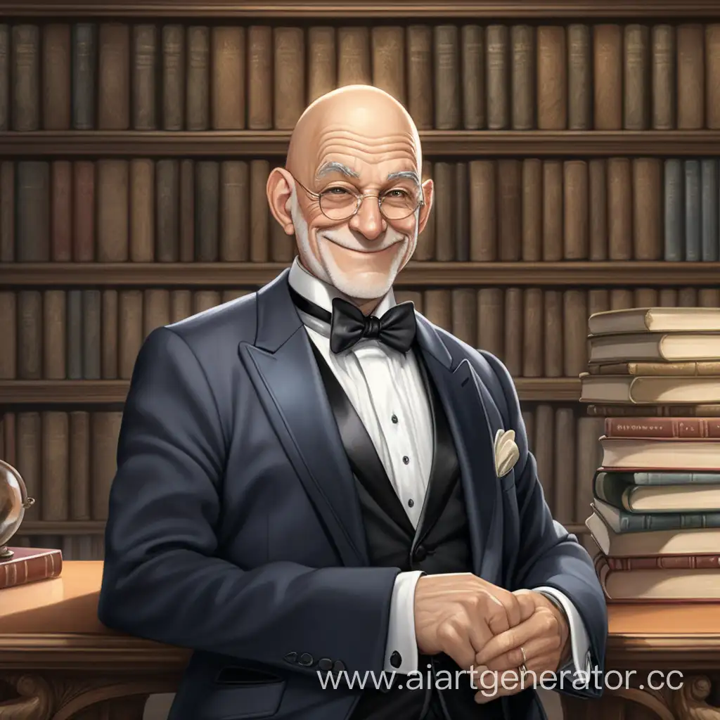 лысый старый мужчина в пенсне с хитрой улыбкой в костюме-тройка в библиотеке