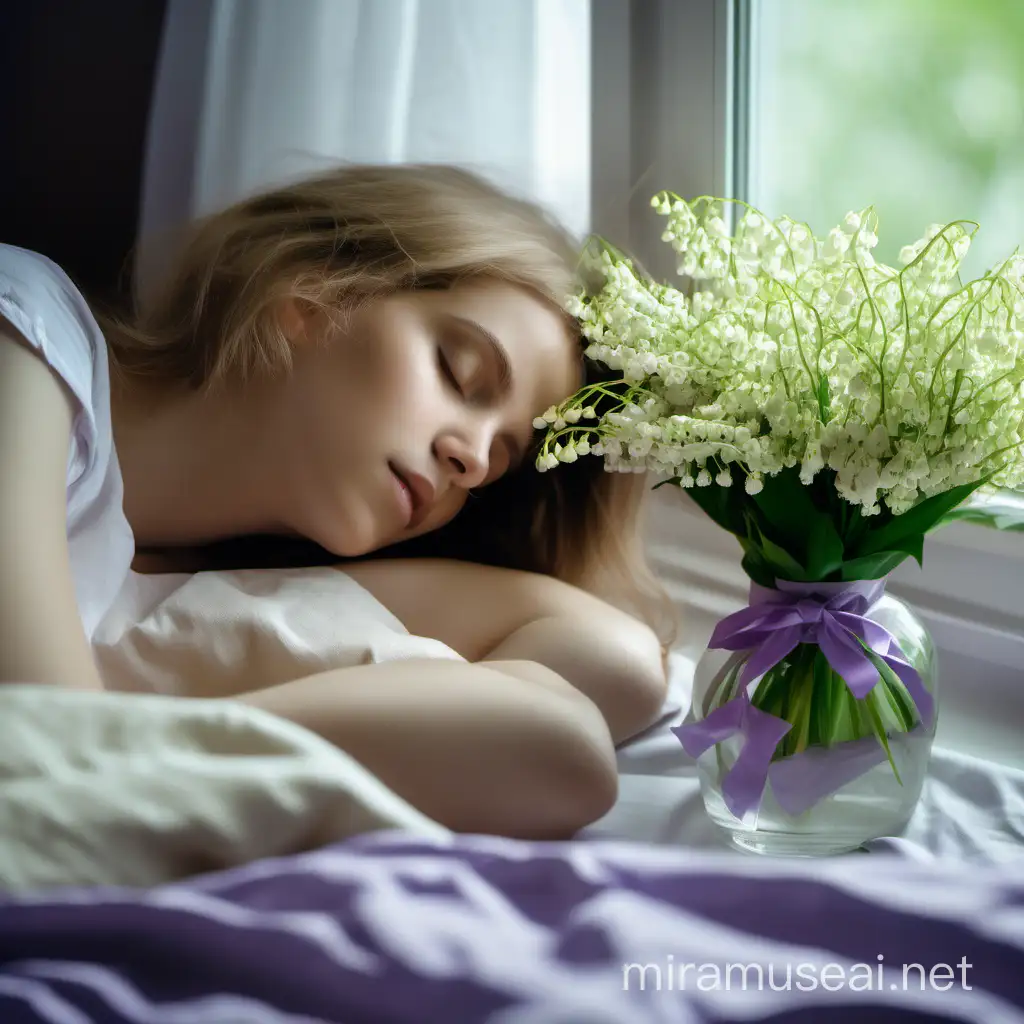 Красивая девушка ещё спит, раннее утро. Рядом с головой девушки на подушке лежит букетик ландышей. В окно виден цветущий сад и куст сирени.