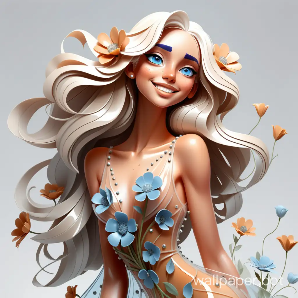 art illustration light transparent contour graphics. Spring girl in full height on a white background, transparent unfolding dress, studded with flowers. Reflecting blue eyes, white hair, perfect caramel skin, light makeup, gentle smile, dimples on the cheeks. Sharpness, clarity. High quality.