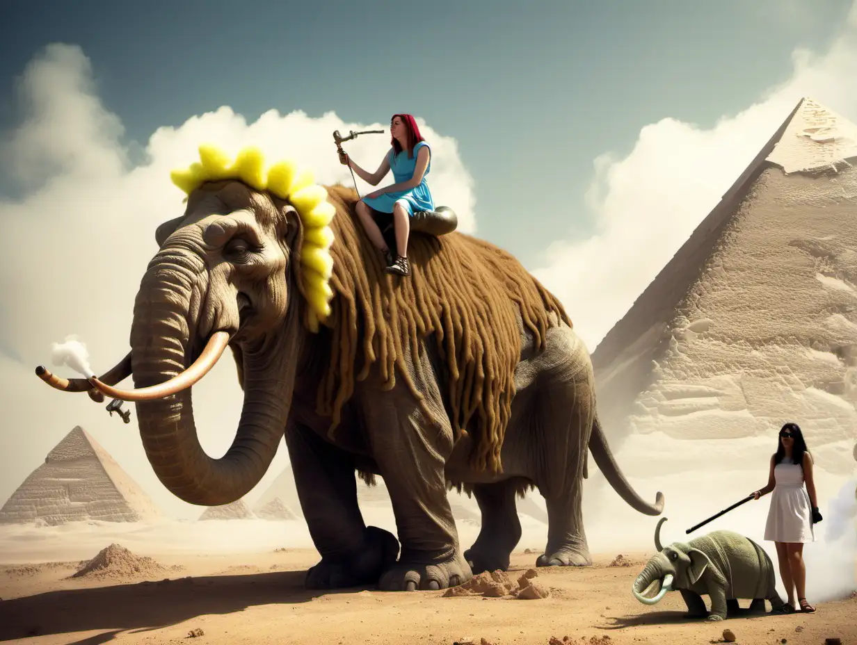 Alice and a hookha smoking catipillar riding a wholly mammoth in Egypt