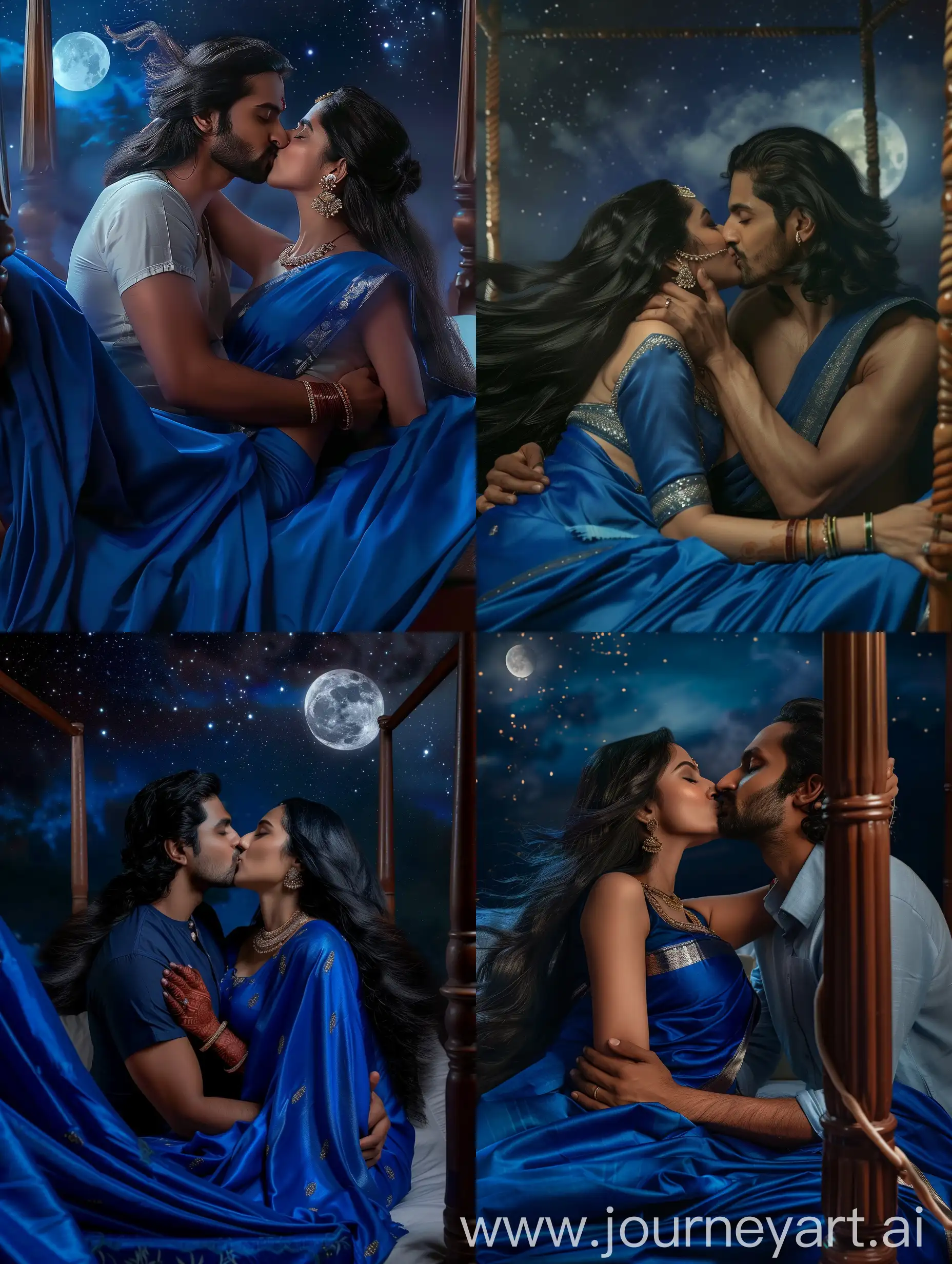 realisticof a romantic couple with adjusted capture moment angle, passionately kissing and tenderly embracing, lying on a four poster bed, featuring a woman in a blue sari with long, straight, black, shiny hair, embodying traditional beauty, styled in an elegant enga fashion, showcasing the allure of a supermodel with detailed, flowing locks, bathing in romance, romantic night background theme, looking like Tamil movie stars, with stars and moonlight in the background, without earrings for the man, in extra wide angle shots, quality 8k, full body shot, with their eyes locked on each other, and the woman's sari billowing gently in the breeze, with her hair slightly windswept, with more passionate expressions, and their hands placed for more intimacy, with their lips slightly parted, reminiscent of Raja Ravi Varma’s style