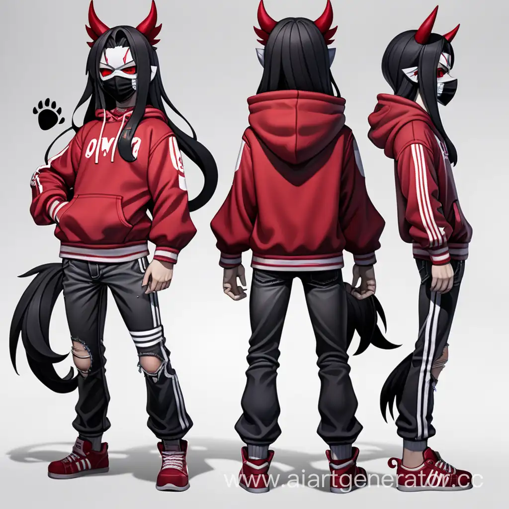 anime figurine, long dark hair, black cat ears, red horns, torn pants, red sweatshirt with two white stripes on the sleeves, black mask with teeth