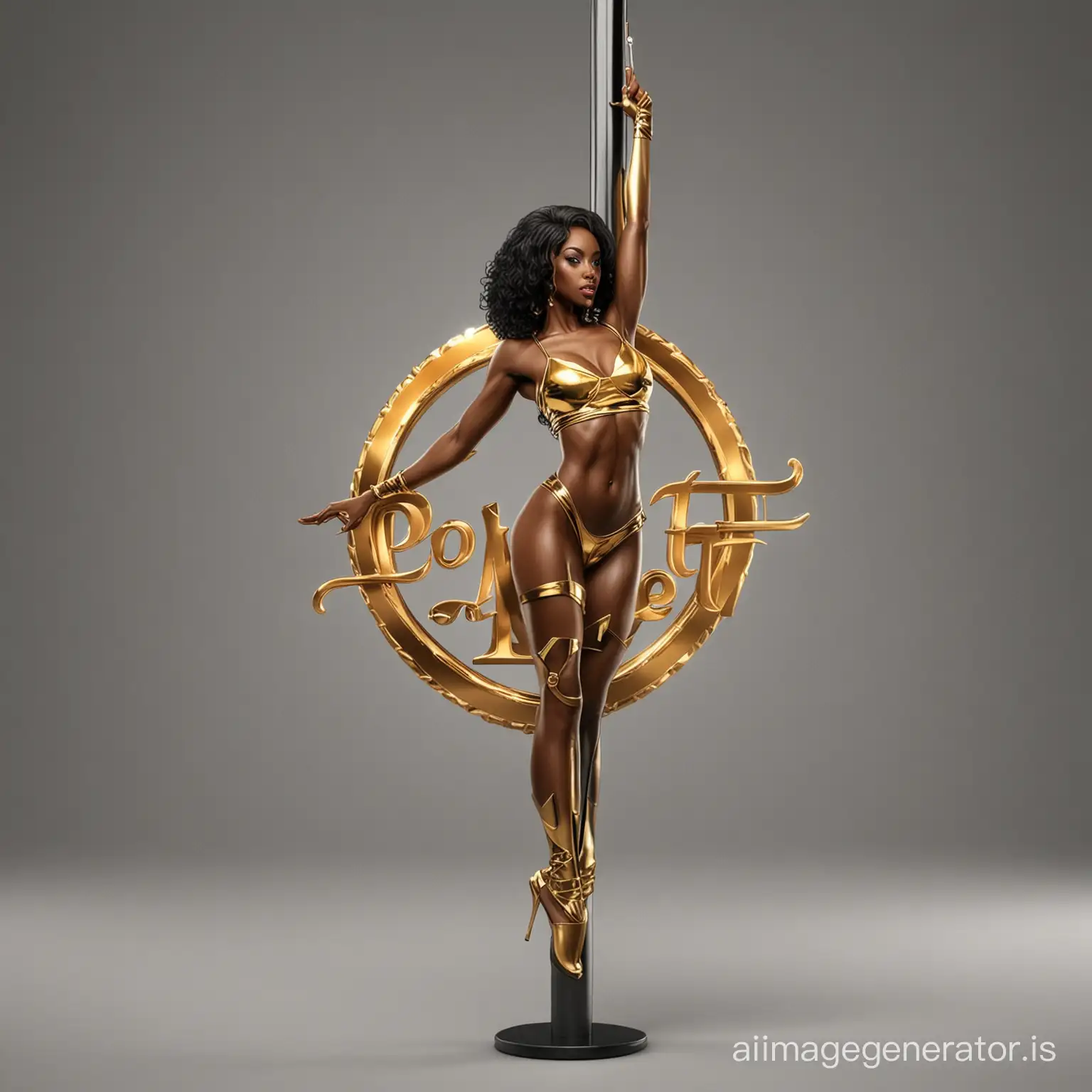 Elegant Metallic 3D Logo Pole Fit 101 Featuring a Sexy Black Woman in Gold  and Black Theme | AI Image Generator