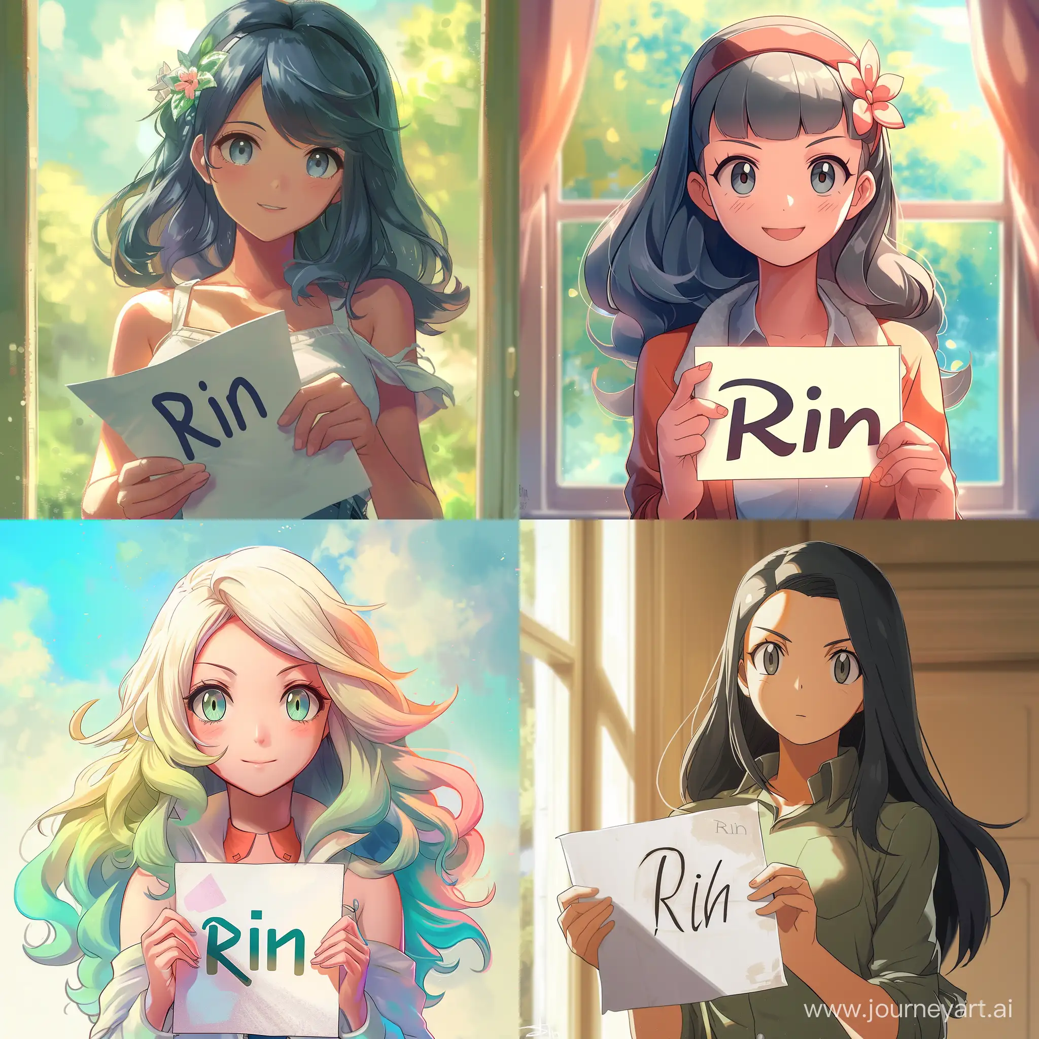 hilda from pokemon white holding a paper with the name "Rin" in front of her, with soft colors