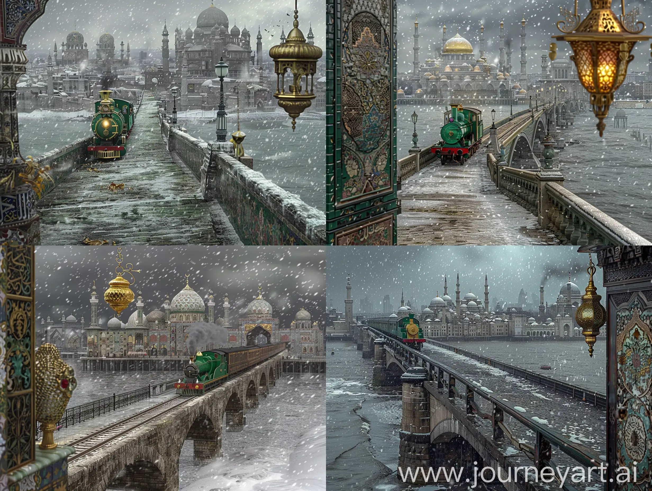 Cinematic photo: An islamic stonebridge going towards into a seafront city, a green golden steam engine train moving on the bridge towards the middle of city, in the background is the wide seafront city of floral Persian tile and timurid tile British mosques and islamic buildings and mosques, decorated with gold ornaments, dark grey dramatic weather, snowfall, a glorious islamic lamp hanging on side of the image; London styled --ar 4:3